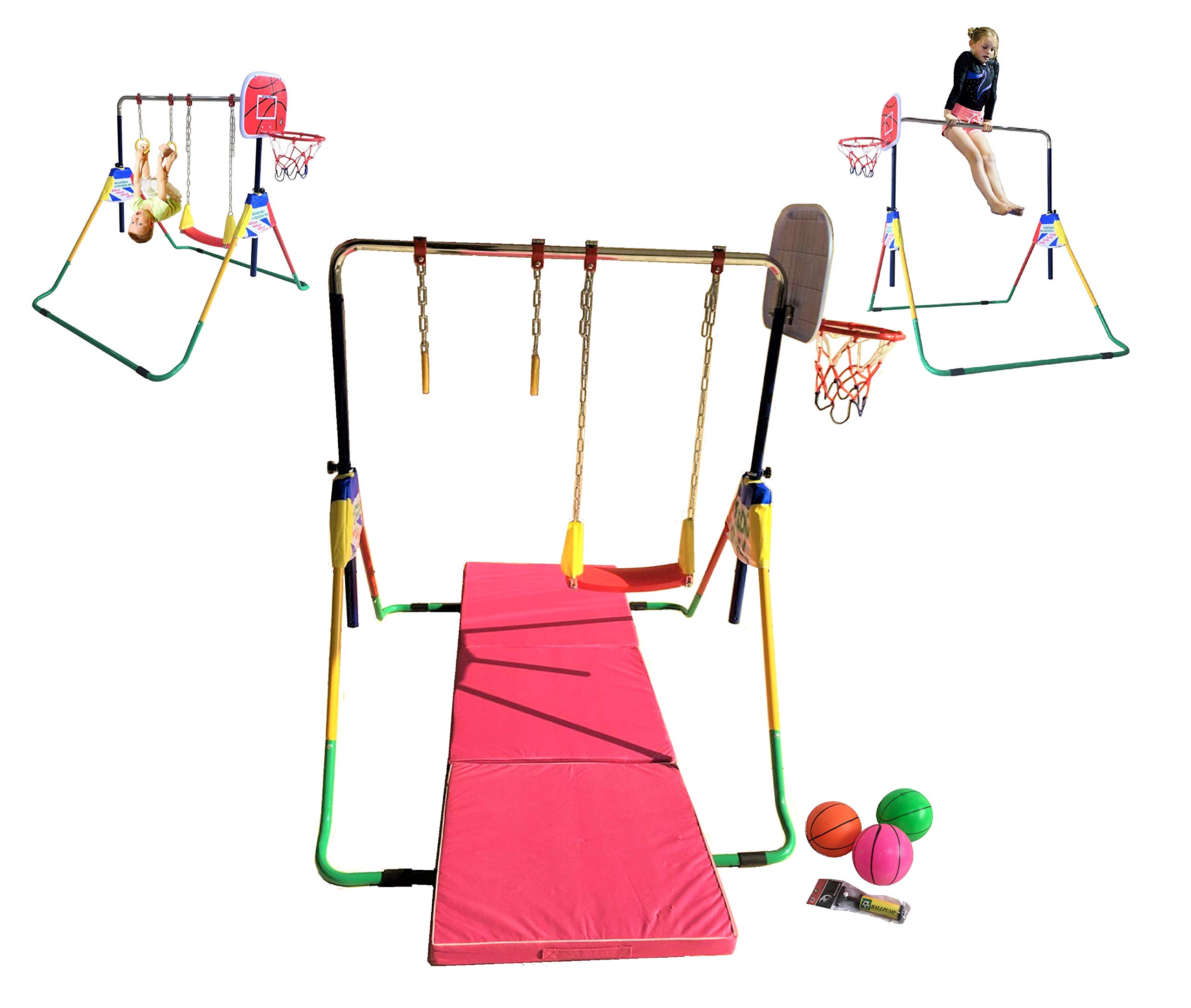 Expandable Monkey Bars for Kids - Gymnastics Training Set with 6Ft Balance Bar, 2Ft x 6Ft Gym Mat, Basketball Hoop, Swing Seat & Trapeze Rings - Indoor/Outdoor Play Equipment for Backyard, Park & Home Gym (Yellow & Red)