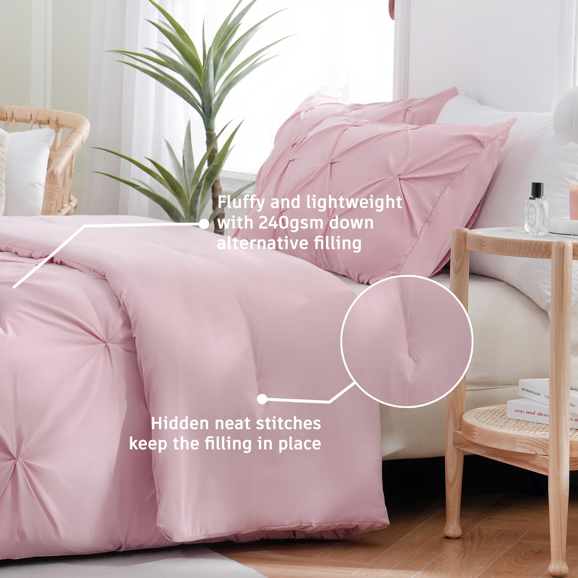 DOWNCOOL Queen Comforter Set - 3 Piece Pink Pinch Pleat Bedding Set, Soft Fluffy Pintuck Comforter with 2 Pillowcases, All Season Queen Size Bed Set for Cozy Bedroom Decor & Guest Room Styling