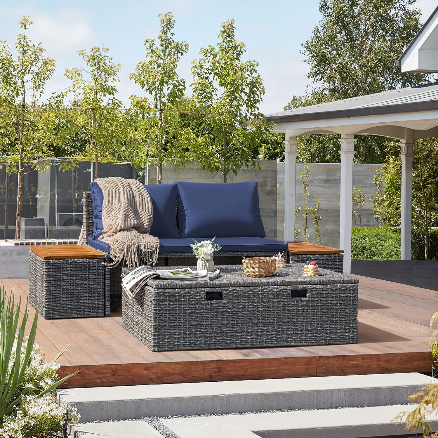 Devoko Outdoor Patio Daybed Set - Multifunctional Rattan Lounge Bed with 2 Side Tables, Navy Blue - Perfect for Backyard, Porch, Poolside, Lawn & Beach Relaxation