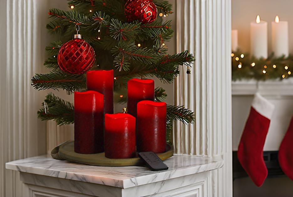 Burgundy Flameless LED Candles with Remote & Timer - Set of 5 Real Wax Battery Operated Candles (3