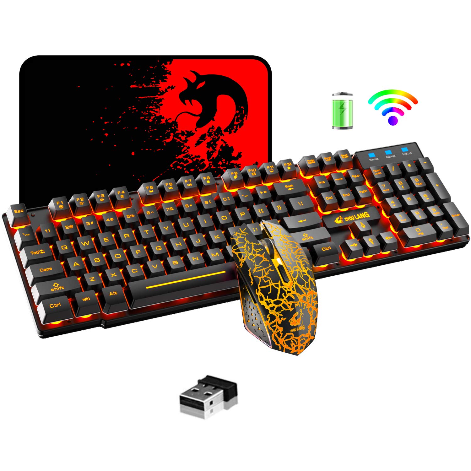 Wireless Gaming Keyboard and Mouse Combo - Rechargeable Orange Backlit Mechanical Feel Keyboard with 3800mAh Battery & 7-Color RGB Mute Mouse - Includes Gaming Mouse Pad for PC, Laptop Gamers (Perfect for FPS, MOBA, MMO Gaming & Office Work)