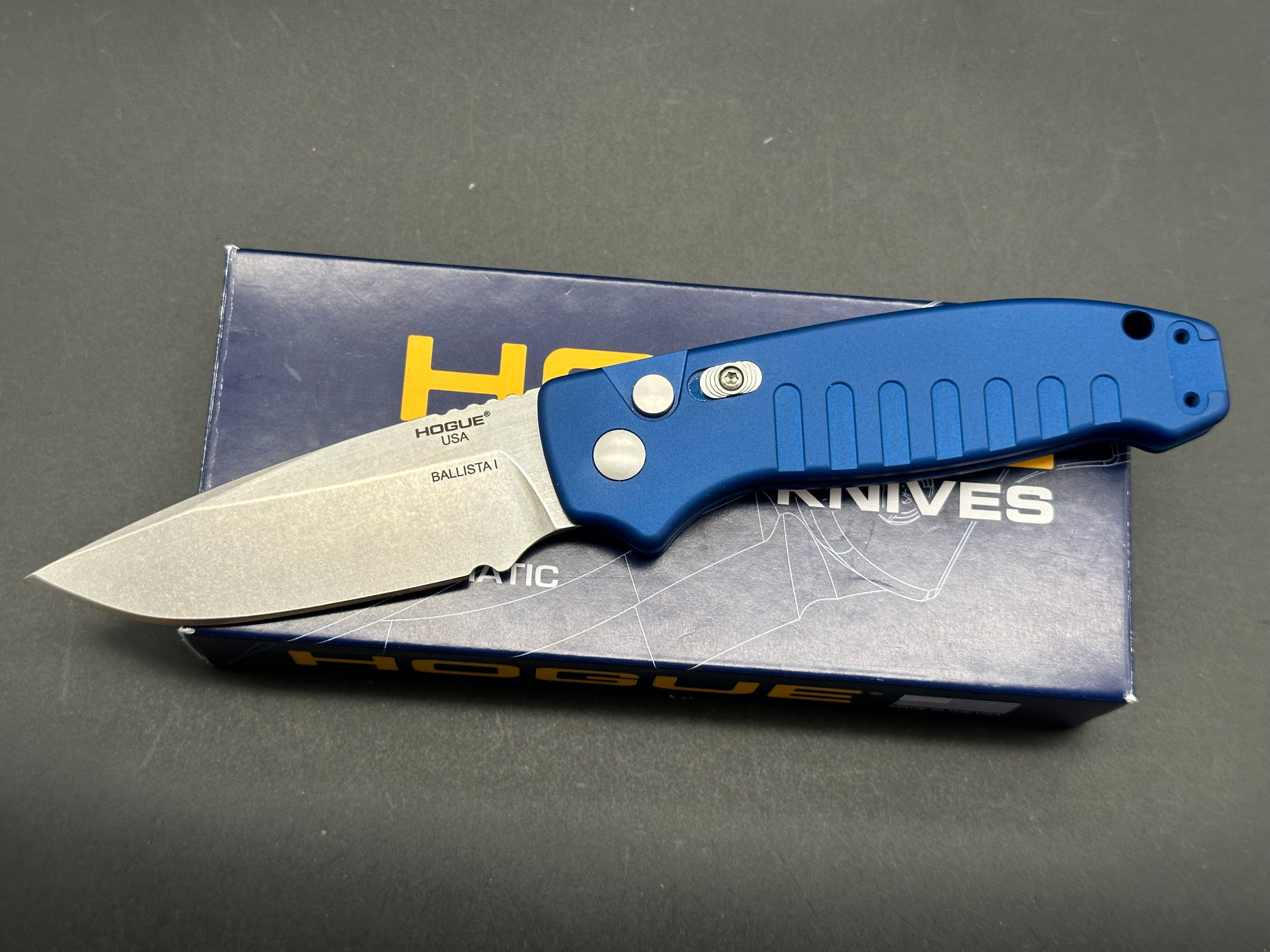 Hogue Ballista Drop Point Automatic Knife - Matte Blue Finish - EDC Tactical Folding Knife for Outdoor Camping, Hunting & Survival
