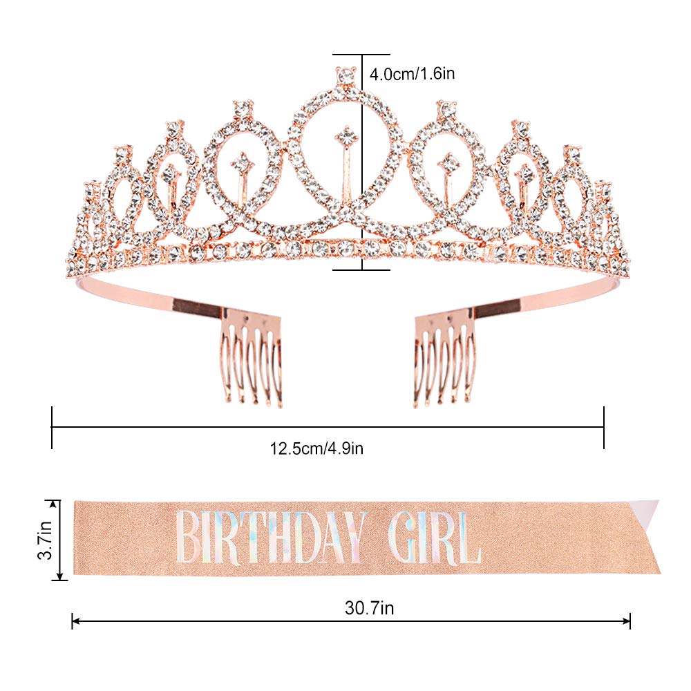 Rose Gold Rhinestone Birthday Tiara & Sash Set for Women & Girls - Sparkling Birthday Crown, Party Princess Accessories for Birthday Celebrations, Bridal Showers & Special Occasions
