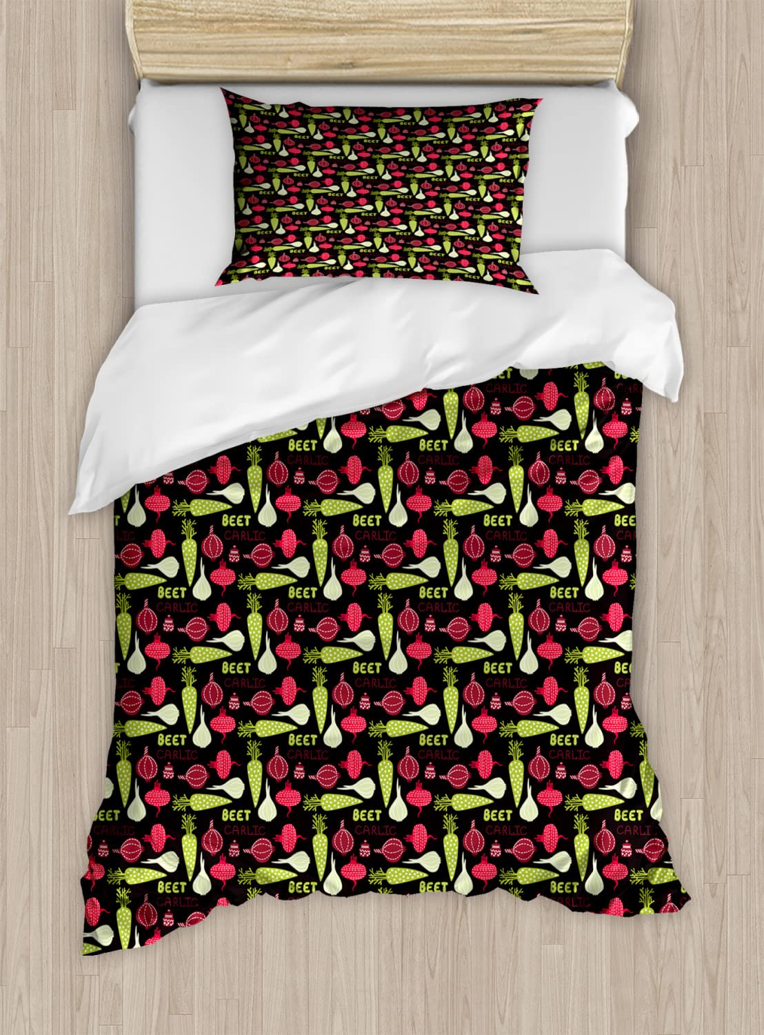 Ambesonne Queen Size Duvet Cover Set - 2 Pack with 4 Pillowcases | Dark Toned Vegetable Print (Onion, Pepper, Garlic) with Dashed Lines & Hearts Design | Soft Bedding for Cozy Bedroom Decor | Perfect for Farmhouse, Rustic, or Modern Home Style