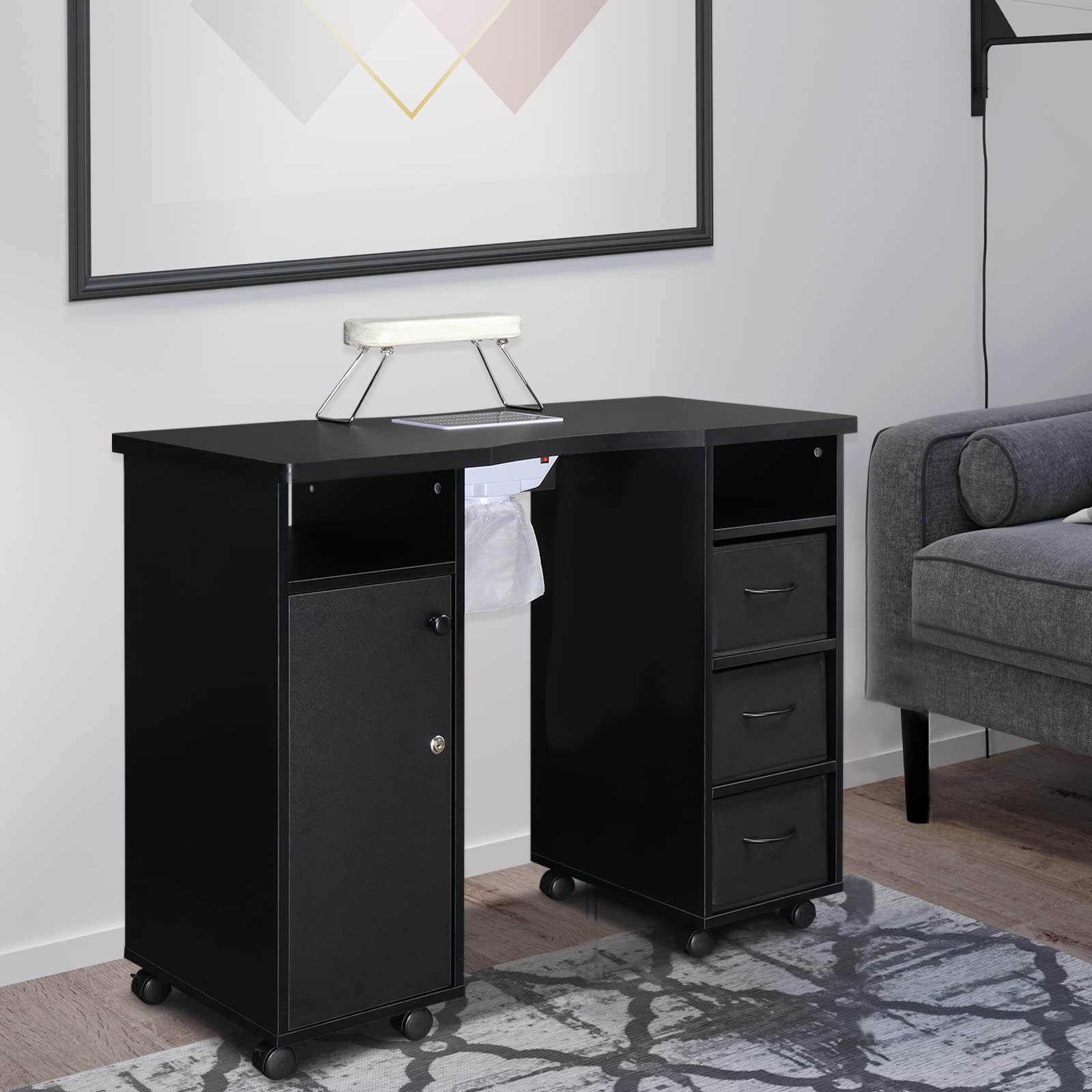 Professional Manicure Table with 4 Drawers & 2 Cabinets - Lockable Wheels Nail Tech Desk for Beauty Salon & Home Use - Perfect for Nail Artists, Spa Professionals & DIY Enthusiasts (Black)