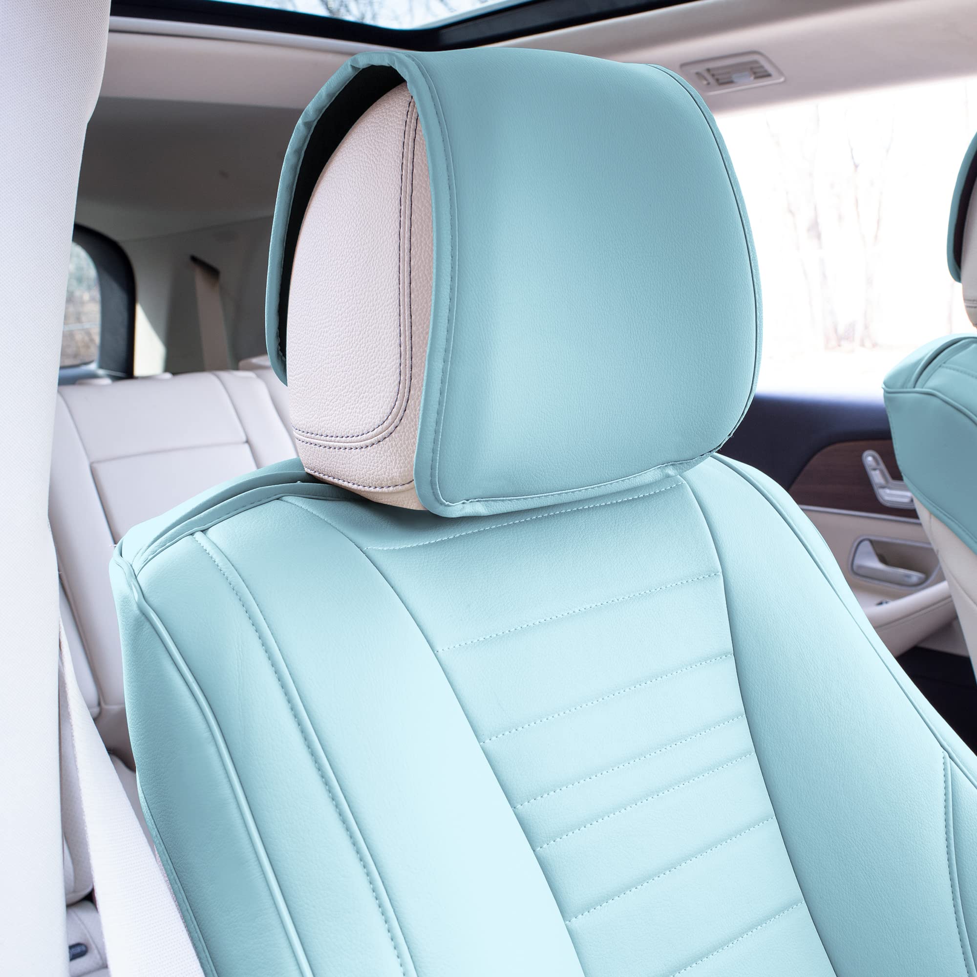 Premium TLH Grande70 Luxe Faux Leather Blue Car Seat Covers (2-Pack) - Waterproof Universal Fit for Cars, Trucks & SUVs - Comfortable Seat Protector with Sleek Pattern for Daily Commute, Road Trips & Family Travel