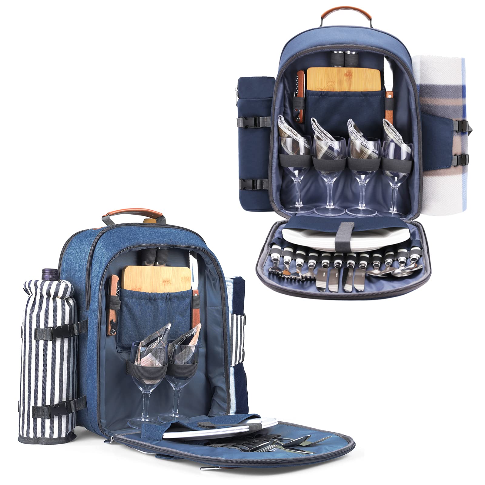 Sunflora 4-Person Insulated Picnic Backpack with Cooler Compartment - Navy & Blue Stripe Outdoor Picnic Set for Beach, Camping, Hiking & Family Gatherings