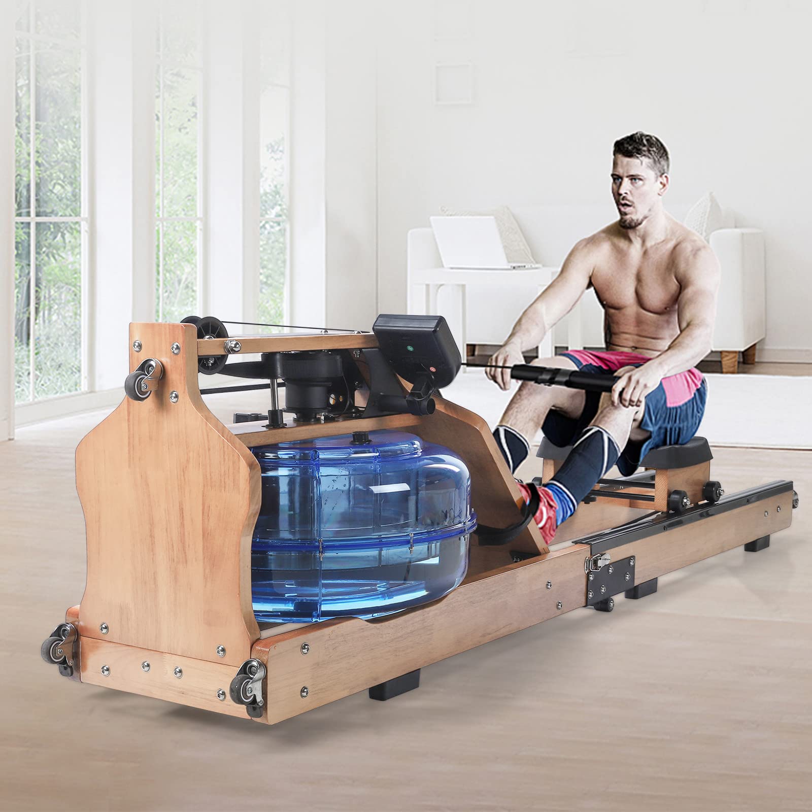 NEARTIME Foldable Wooden Water Rowing Machine with LED Display - Home Gym Equipment for Full Body Workout & Cardio Training