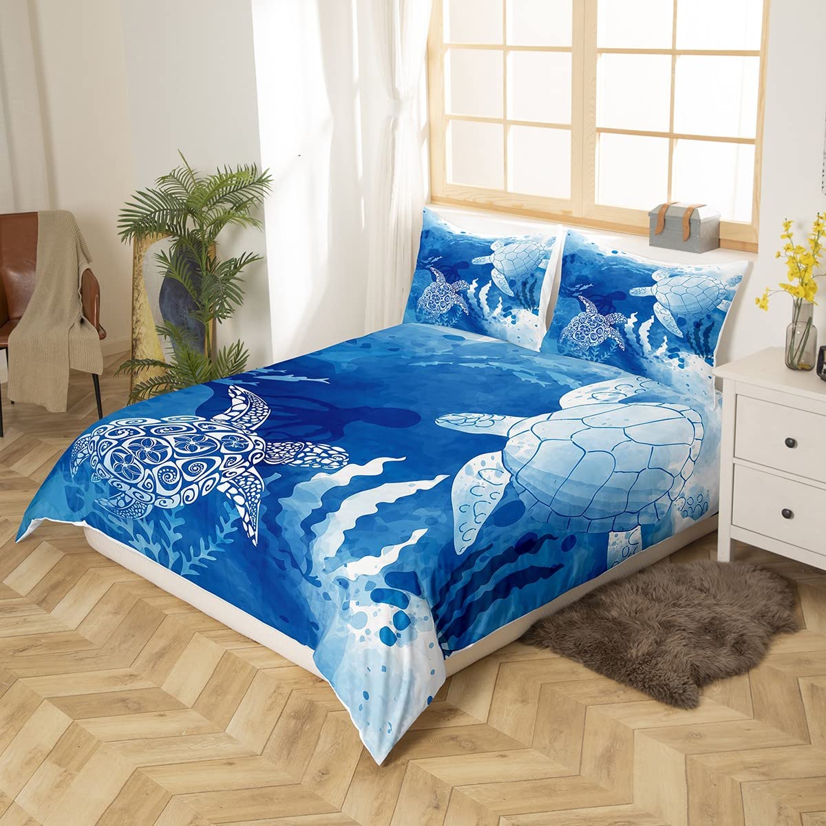 Homewish Twin Size Sea Turtle Duvet Cover Set - Navy Blue Ocean Theme Bedding with Octopus & Seaweed Silhouette - Includes 1 Pillowcase (68x90 Inches) - Perfect for Teen Girls' Room Decor & Underwater Themed Bedrooms