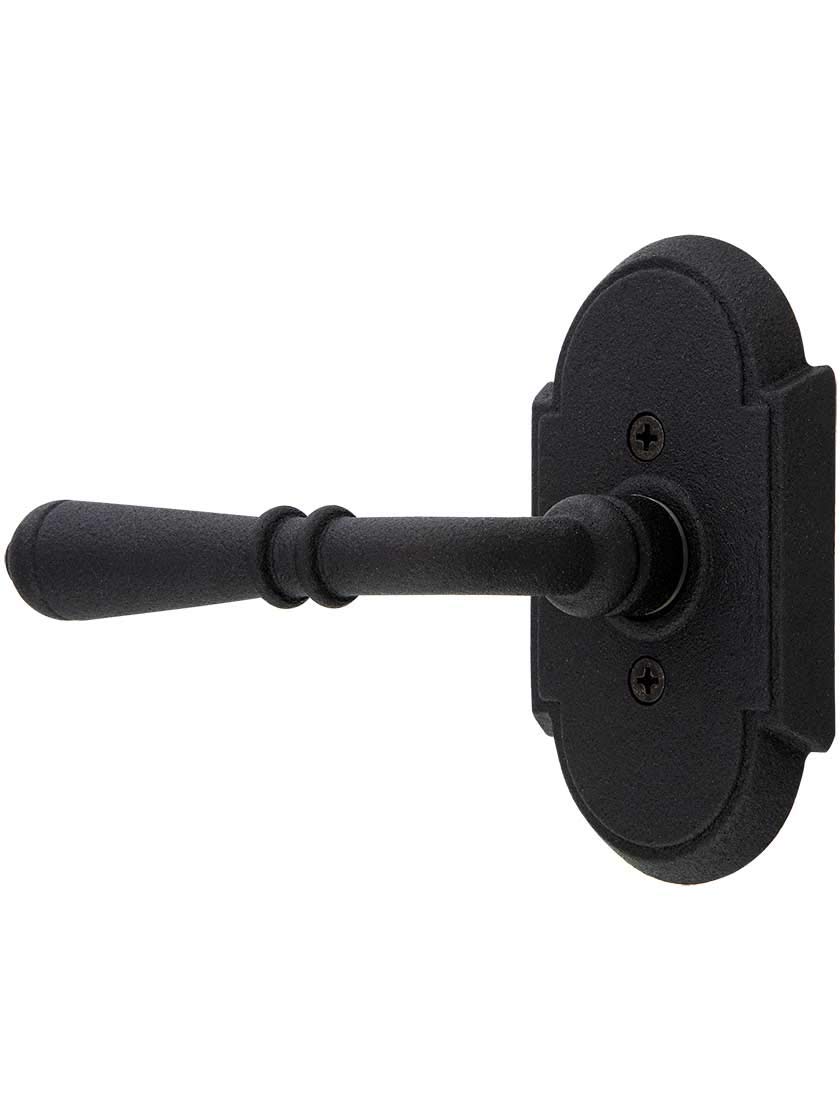 Hand-Forged Steel Arched Rosettes with Normandy Levers - Left Hand Passage Door Hardware in Matte Black Finish for Victorian & Gothic Home Restoration Projects