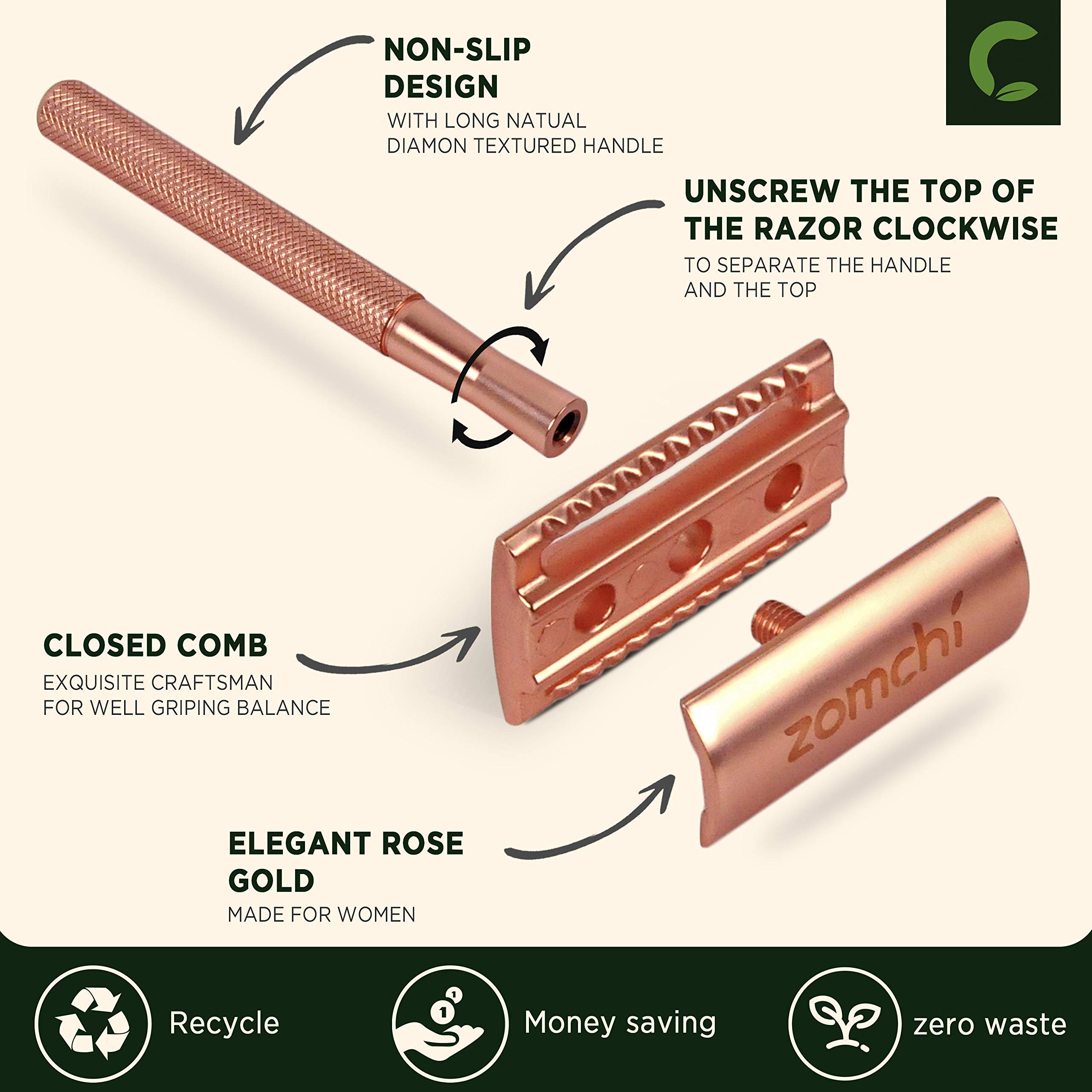 Premium Rose Gold Safety Razor for Women - Black Unisex Double Edge Razor with 100 Stainless Steel Blades - Eco-Friendly Shaving for Sensitive Skin & Travel Use