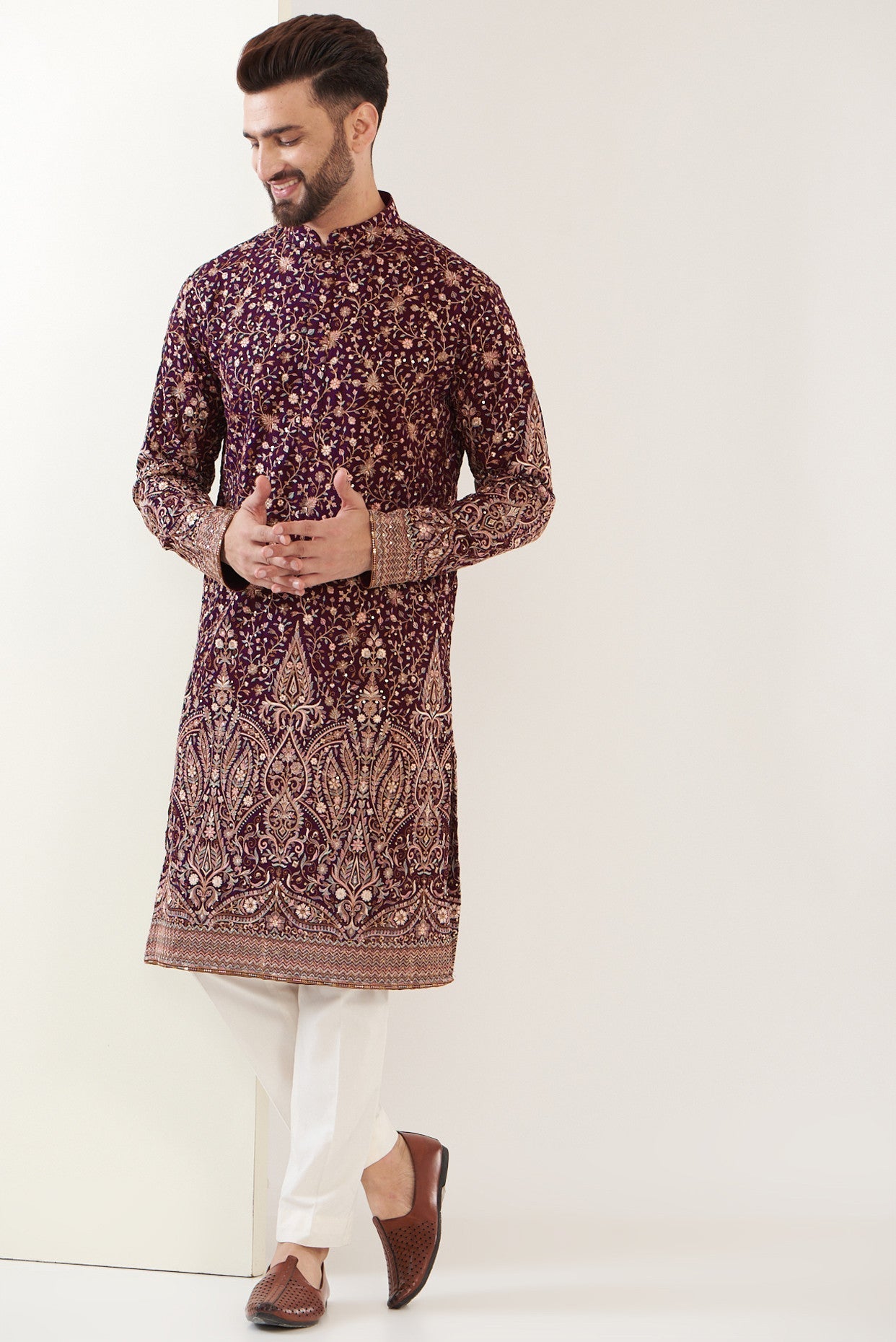 Elegant Maroon Embroidered Kurta for Men & Women | Traditional Indian Ethnic Wear | Perfect for Weddings, Festivals & Casual Outings
