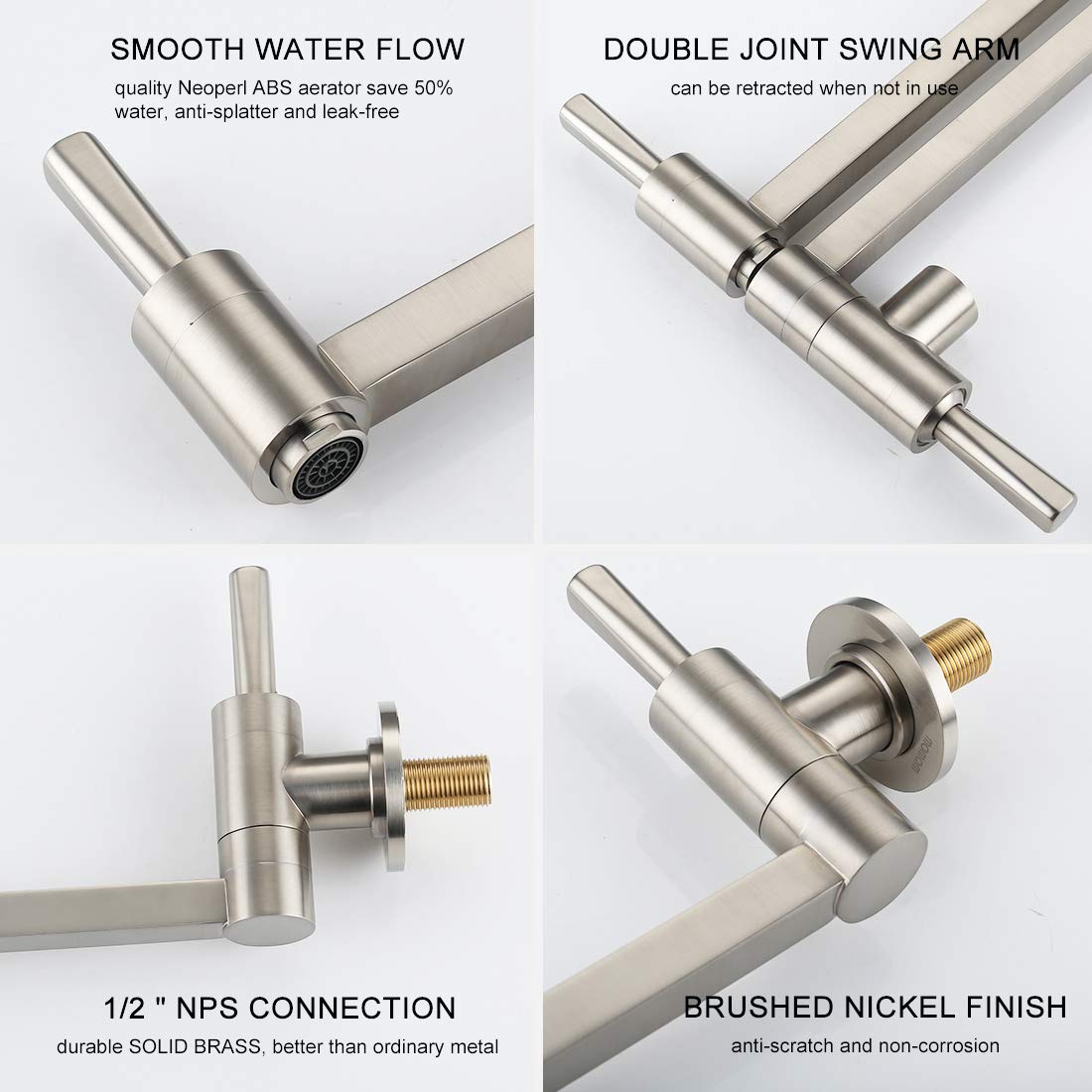 WOWOW Brass Pot Filler Faucet - Wall Mount Kitchen Sink Faucet with Folding Stretchable Double Joint Swing Arm in Brushed Nickel - Perfect for Cooking, Filling Large Pots & Easy Kitchen Cleanup