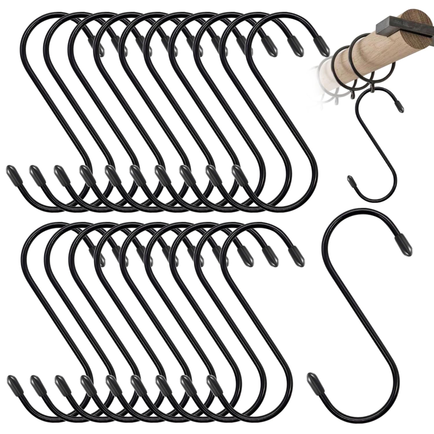 4.3 Inch Heavy Duty S Hooks - 20 Pack Black Metal Hanging Hooks for Plants, Curtains, Wardrobe, Kitchen & Home Organization - Ideal for Hanging Plants, Towels, Pans, Cups & Jeans Storage