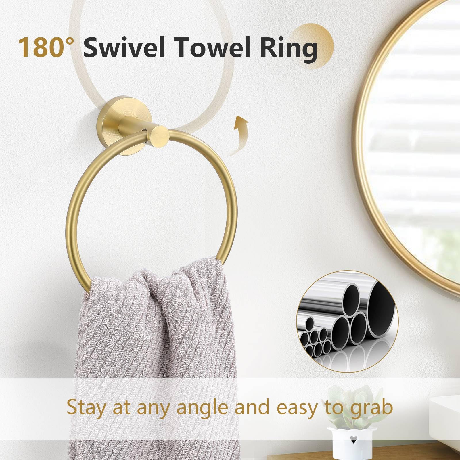 10-Piece Brushed Gold Bathroom Towel Bar Set - 23.6in Towel Bar, Toilet Paper Holder, Towel Rings & Hooks - Stainless Steel Wall-Mounted Bathroom Hardware for Modern Homes, Apartments & Luxury Hotels