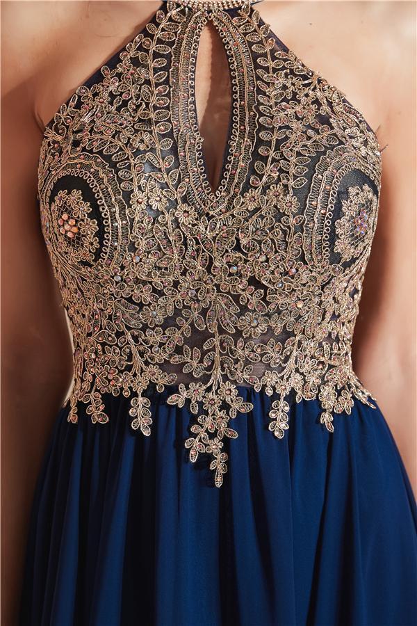 Elegant Navy Blue Gold Lace Beaded Chiffon Evening Gown - Formal Prom Dress for Women - Perfect for Homecoming, Ball, Wedding & Special Occasions