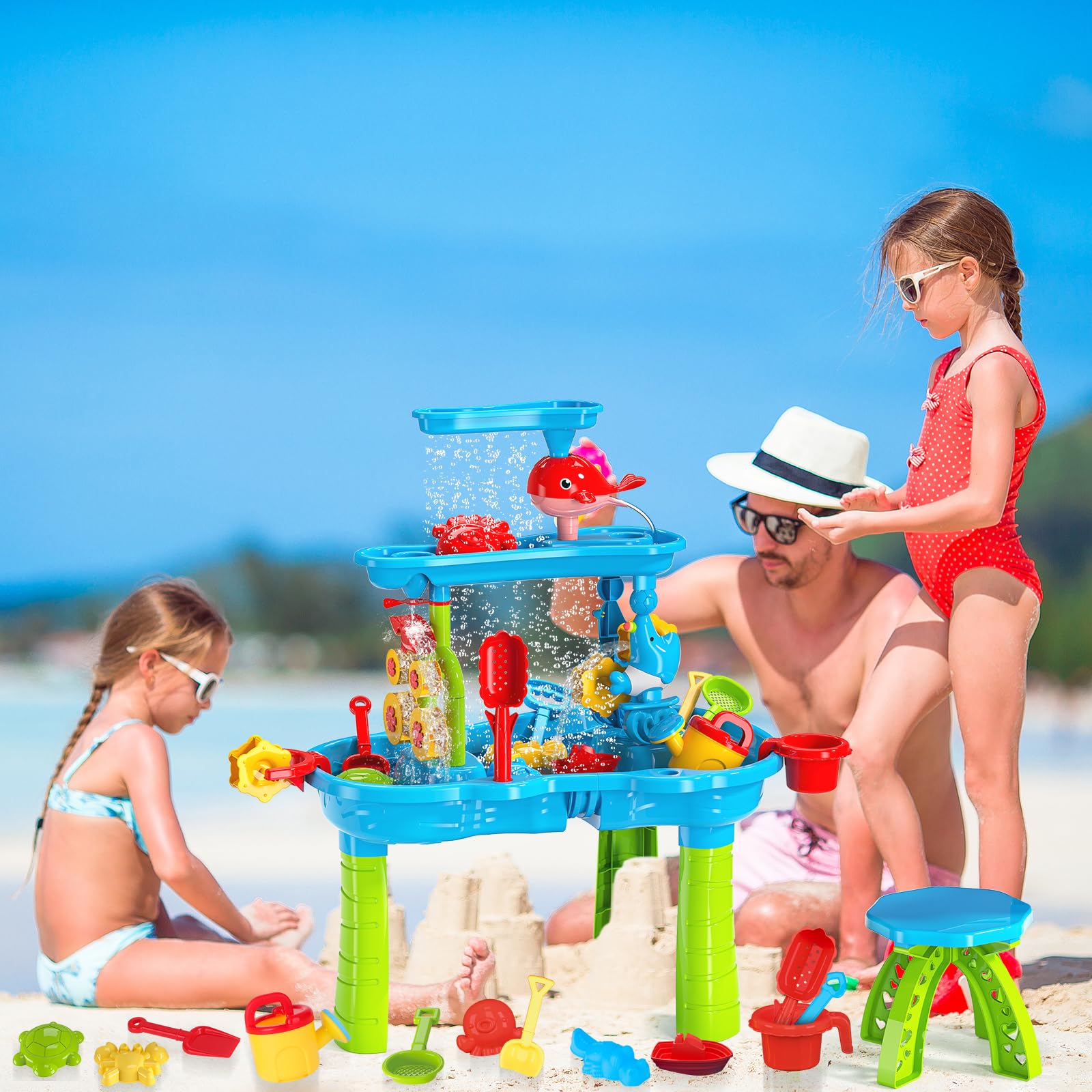 deAO 3-Tier Sand and Water Table - Outdoor Beach Toys for Kids with Dolphin Water Wheel, Molds & Accessories - Sensory Play Activity for Backyard, Summer Fun for Boys and Girls - Perfect for Outdoor Play, Birthday Gifts, and Early Childhood Development