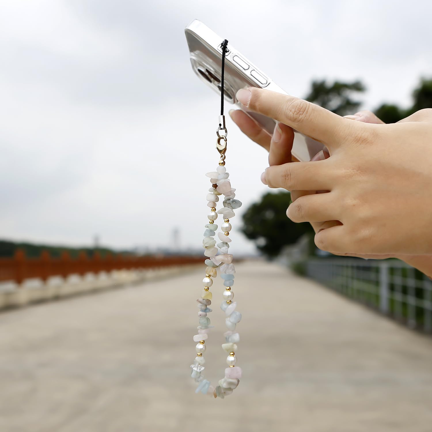 Natural Gemstone Phone Lanyard - Beaded Phone Wrist Strap with Chain for Women & Girls (Green) | Stylish Phone Charm for Everyday Use, Travel & Shopping