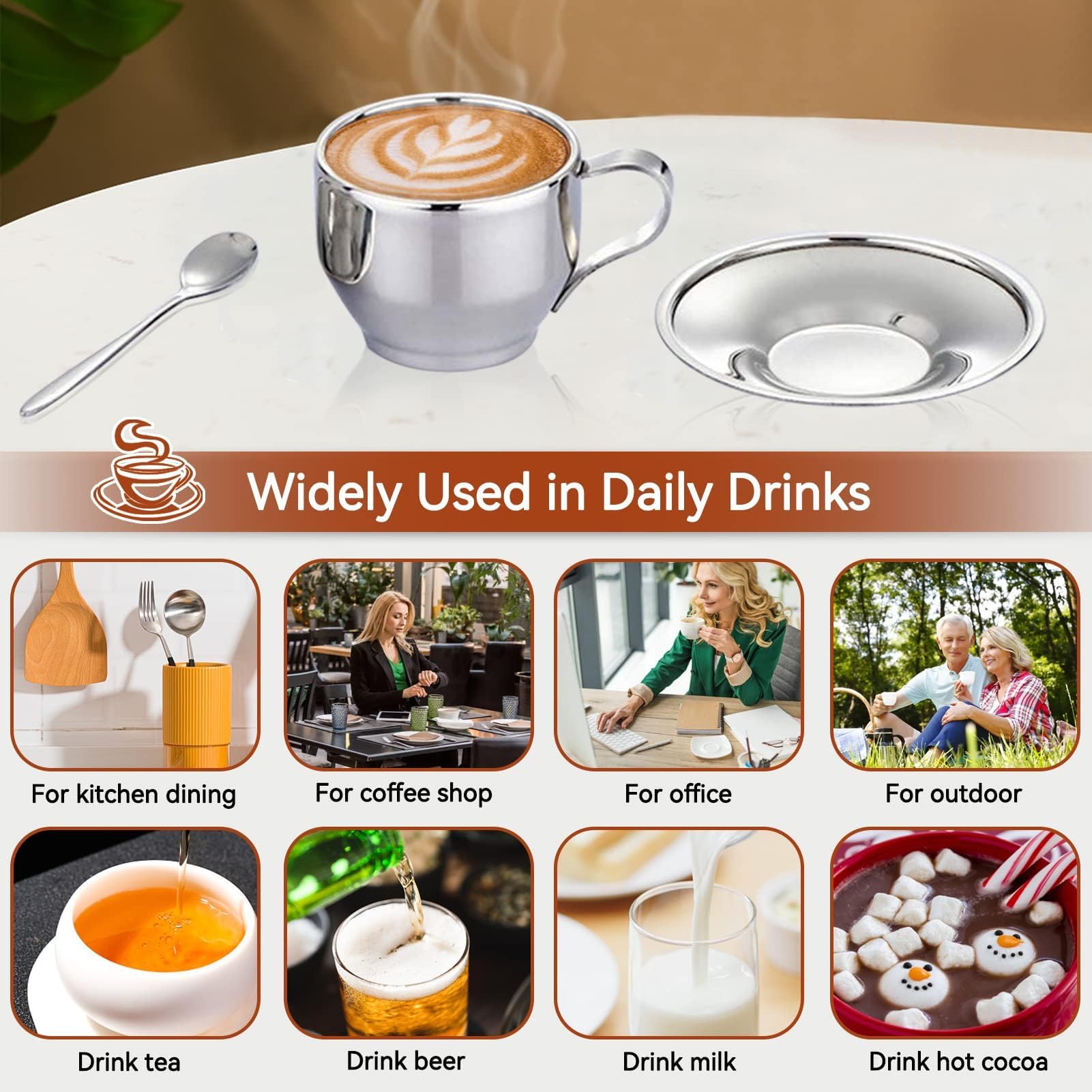 Premium Stainless Steel Coffee Cup Set - 125ML Espresso Mugs with Saucer & Spoon - Ideal for Cappuccino, Latte, Tea - Perfect Gift for Coffee & Tea Lovers - Great for Home, Office, Cafe, and Restaurant Use