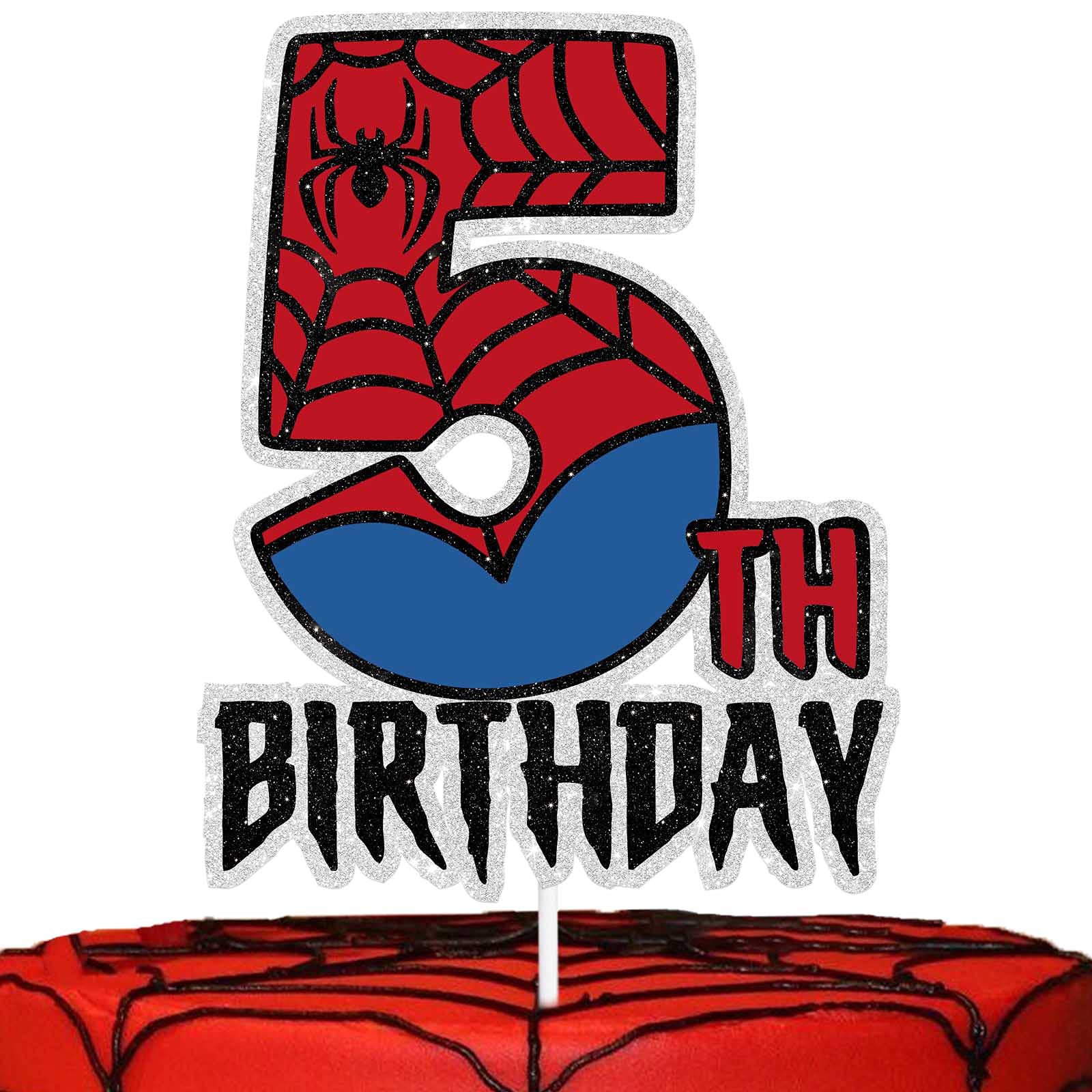 5 Spider Hero Cake Topper for Girls & Boys - Avengers Superhero Themed Birthday Decor - Glittery 5th Birthday Party Supplies for Cake Decoration, Baby Shower & Celebrations | Perfect for Superhero-Themed Parties & Kids' Birthday Cakes