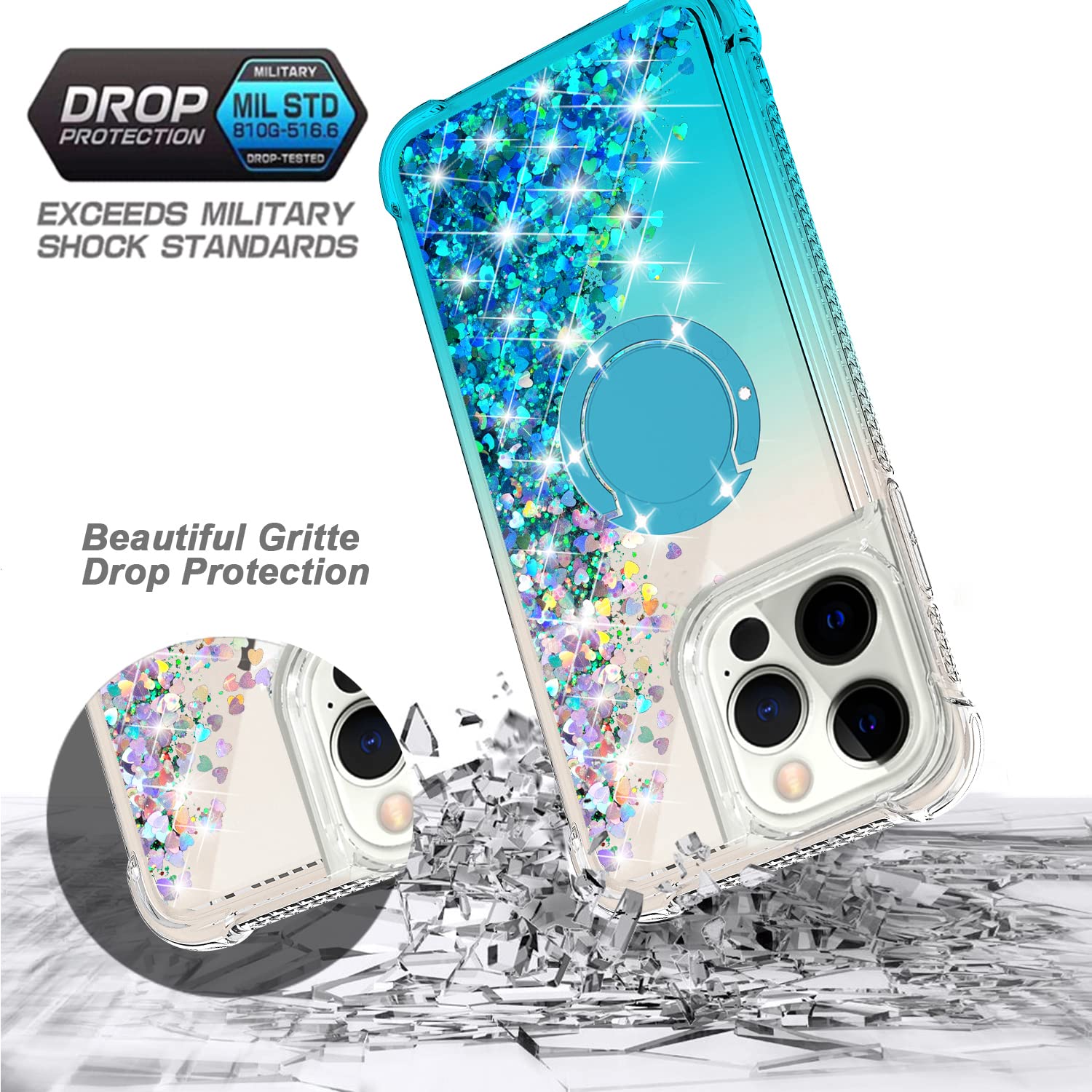 Sparkling Glitter Liquid Waterfall TPU Phone Case for iPhone 12/12 Pro (6.1 Inch) - Rotating Ring Kickstand, Blue | Protective Cover with Bling Design for Daily Use, Parties & Travel