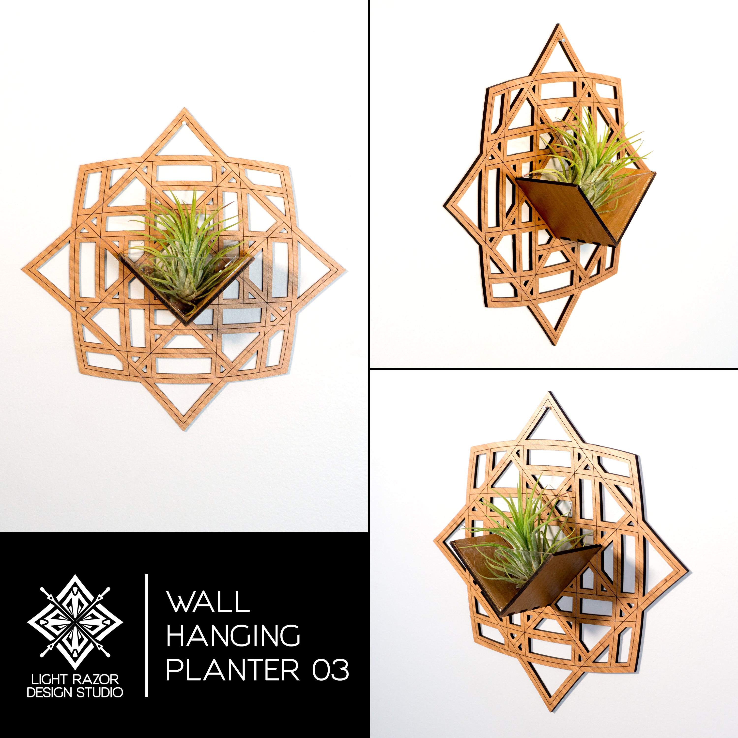Handmade Geometric Wood Wall Hanging Planter - 3 Pack Air Plant Holder with Mounted Display Hanger | Boho Home Decor for Plant Lovers | Perfect Gift for Indoor Garden, Living Room, Bedroom & Office Decor