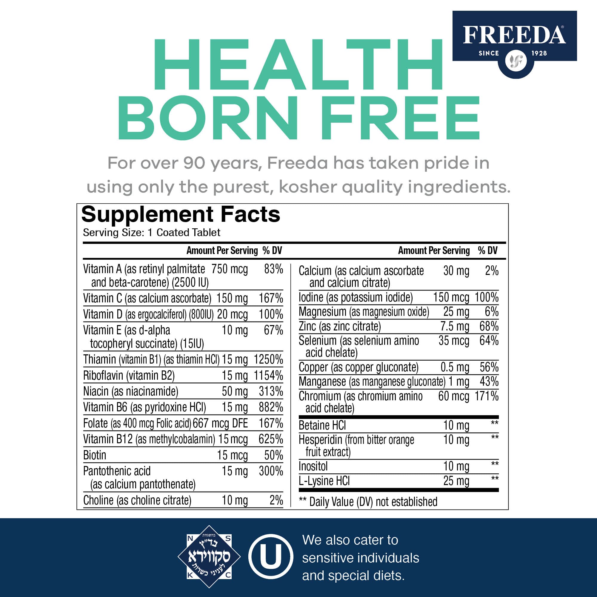 Freeda Senior Multivitamin for Men & Women 60+ - Kosher Certified One Daily Coated Tablet - Multivitamin Supplement for Adults Over 60 - Supports Energy, Immunity & Bone Health (100 Count) - Perfect for Active Seniors & Daily Wellness Routine