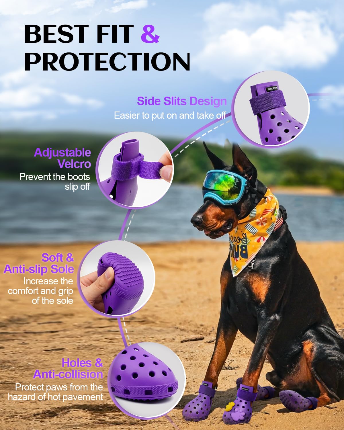 Non-Slip Waterproof Dog Boots for Hot Pavement - Paw Protectors for Small Medium Large Dogs, Easy On/Off Breathable Dog Shoes for Beach Snow Hiking - Purple Size L - Perfect for Outdoor Adventures & Extreme Weather Protection