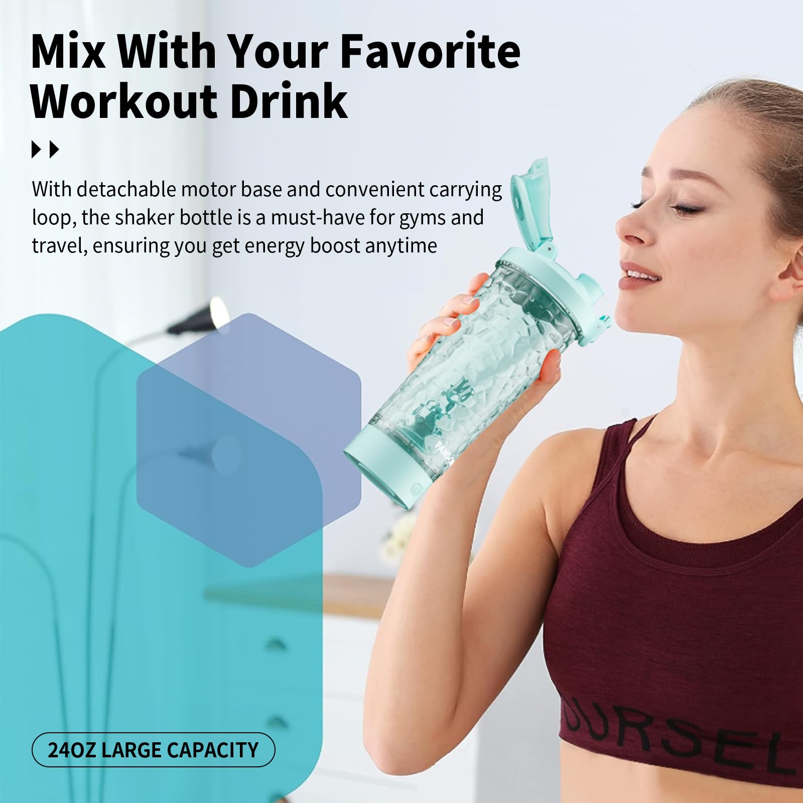 Electric Protein Shaker Bottle 24oz - USB Rechargeable Blender Cup with Tritan Material & Leak-Proof Lid - Portable Mixer for Protein Shakes, Smoothies & Meal Replacement - Perfect for Gym, Workout & Travel - Water Blue