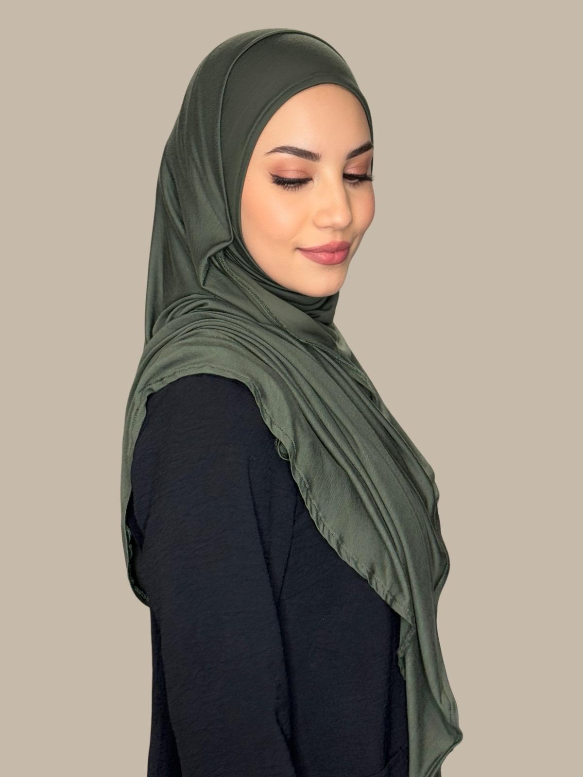 Pre-Sewn Jersey Hijab in Army Green - Soft & Comfortable Muslim Headscarf for Everyday Wear, Work, and Prayer