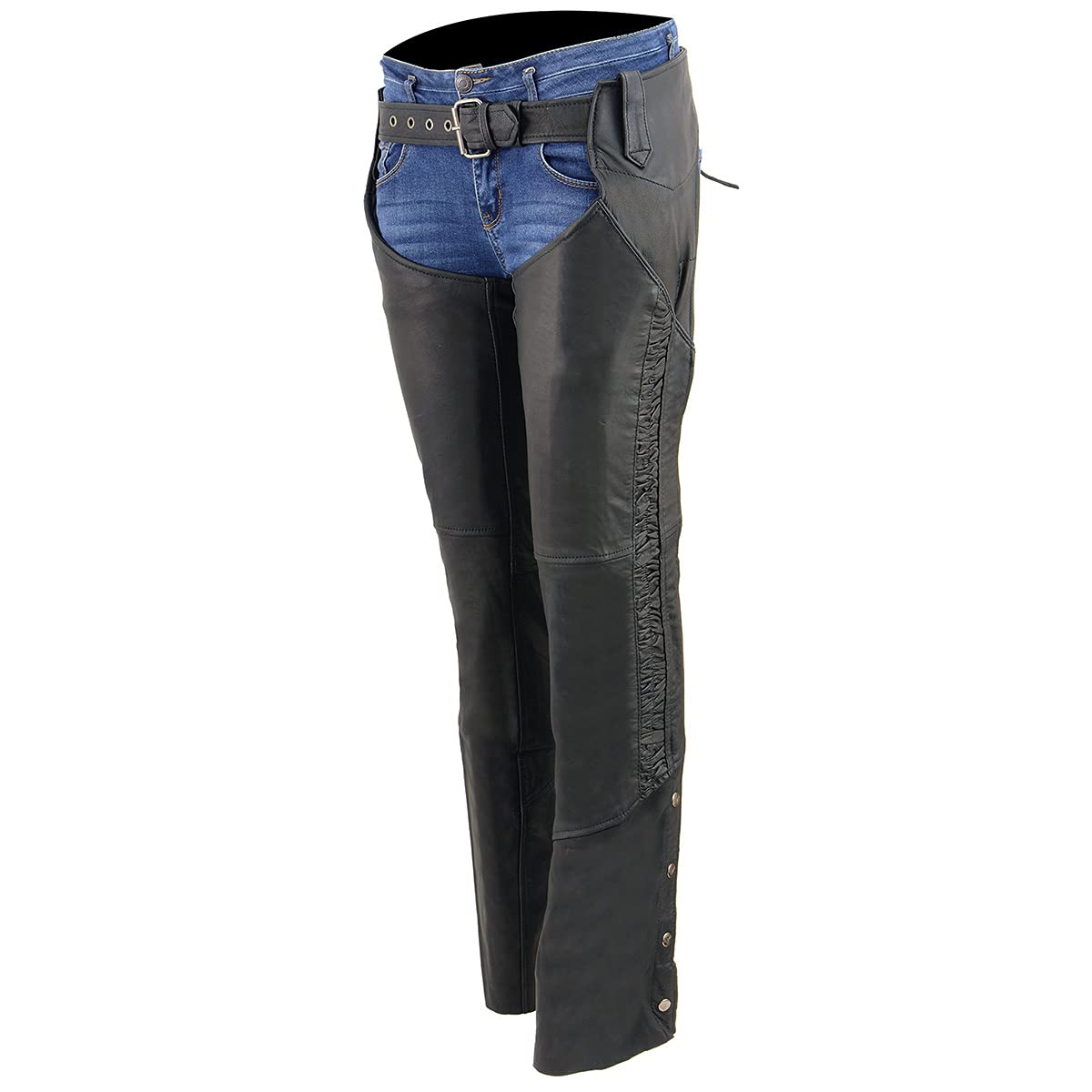 Milwaukee Women's Black Lightweight Goat Skin Motorcycle Chaps with Crinkled Stripes & Reflective Design - MLL6501 | Perfect for Riding, Biker Events & Outdoor Adventures