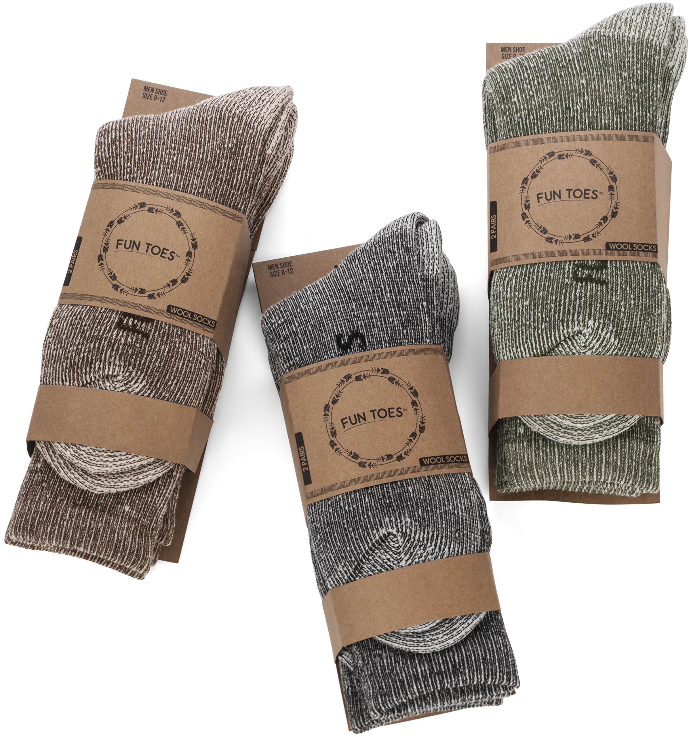 FUN TOES Men's Hiking Crew Socks - 6 Pairs Merino Wool Socks for Men, Lightweight & Reinforced (Size 8-12) - Perfect for Outdoor Adventures, Camping & Winter Hiking