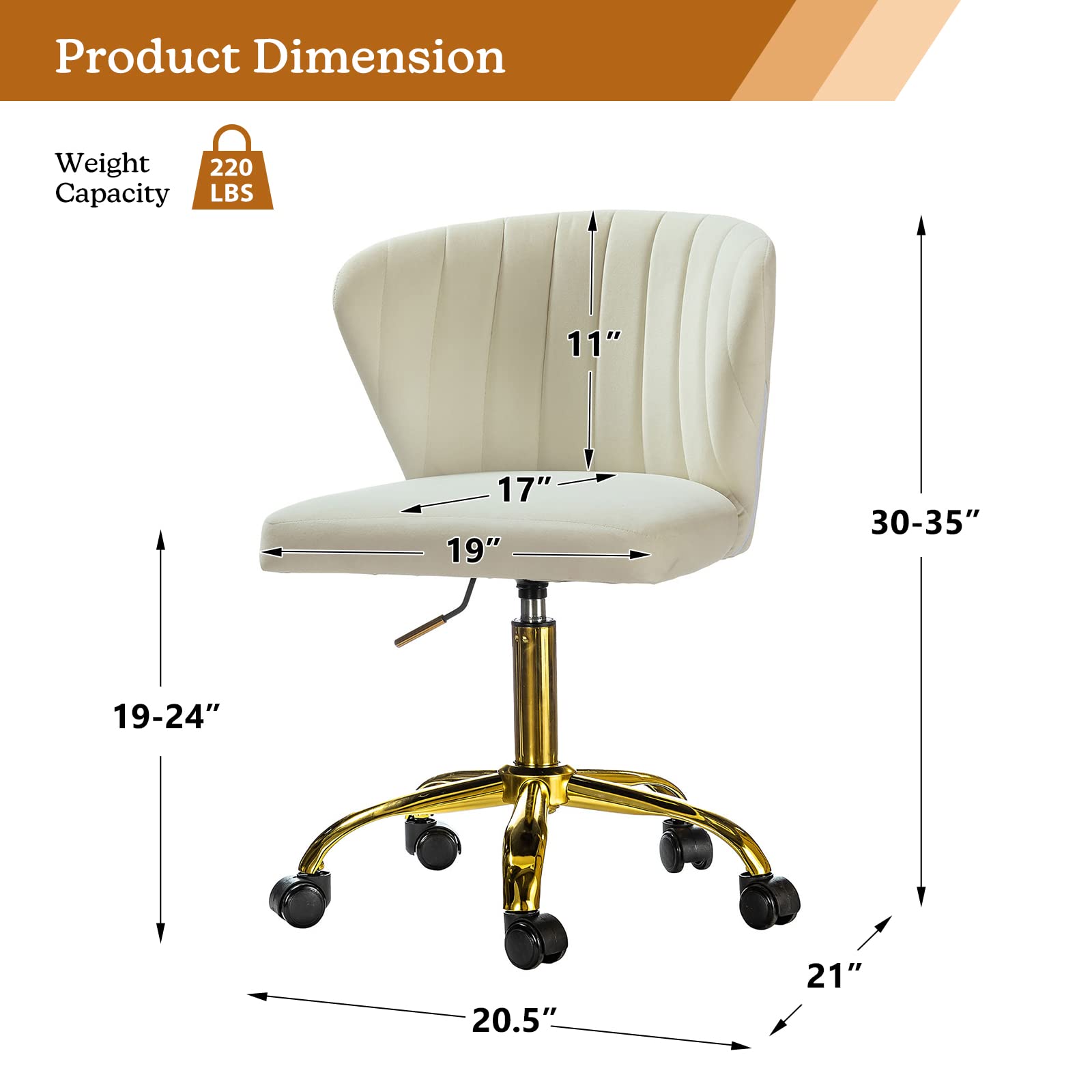 TINA'S HOME Modern Velvet Office Chair with Wheels & Gold Base - Adjustable Low Back Swivel Rolling Task Chair, Armless Upholstered Desk Chair for Home Office, Living Room, Vanity or Study - Ivory