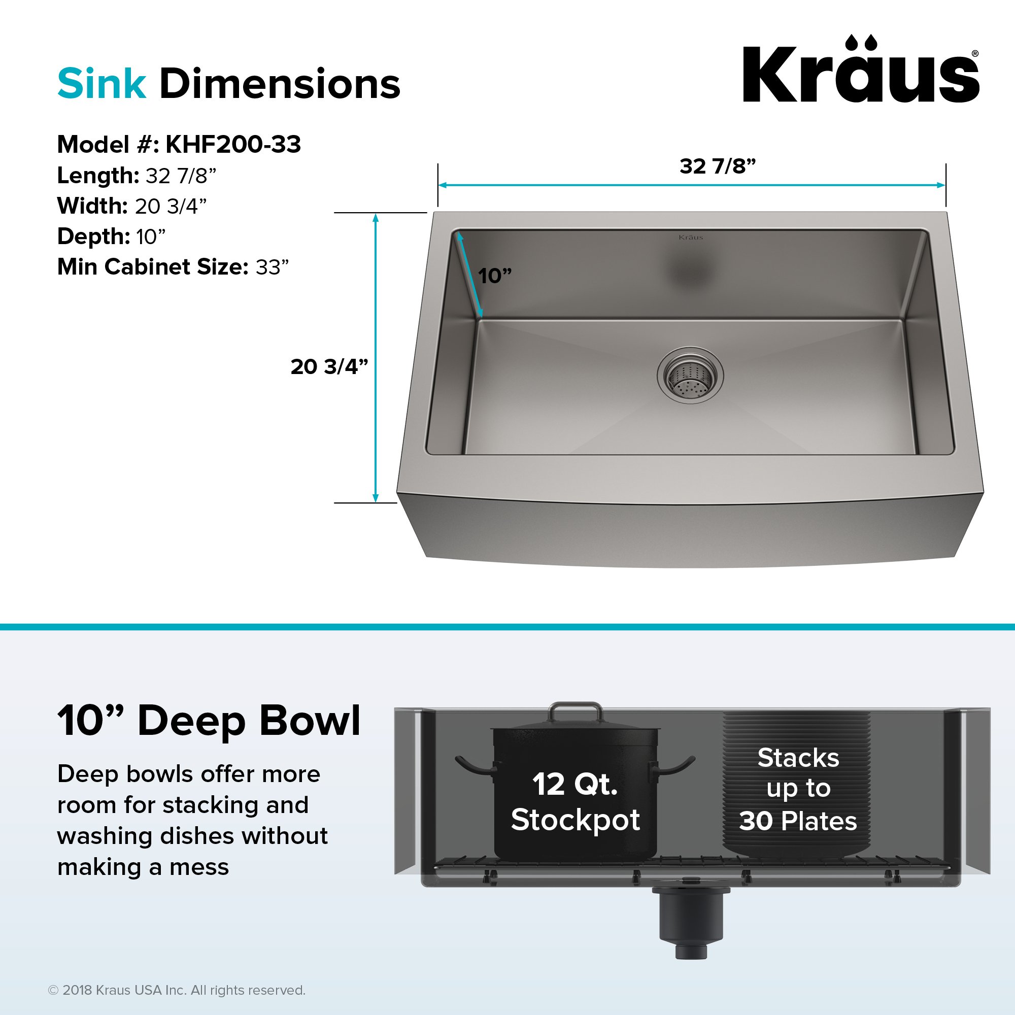 KRAUS Standard PRO™ 33-inch 16 Gauge Single Bowl Stainless Steel Farmhouse Kitchen Sink with WasteGuard™ Continuous Feed Garbage Disposal - Perfect for Modern Farmhouse Kitchens, Heavy-Duty Food Prep & Entertaining (Model KHF200-33-100-75MB)