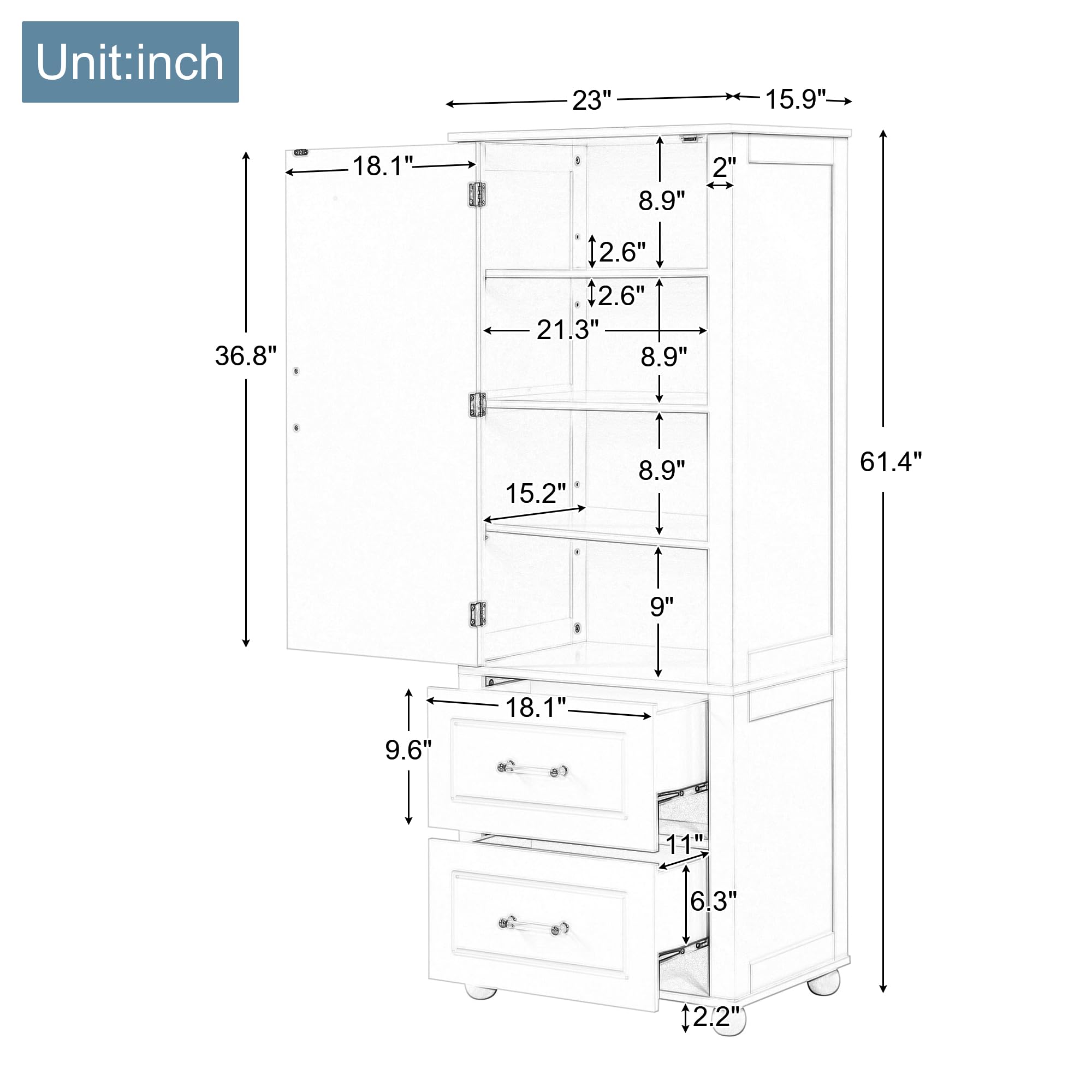 LZ LEISURE ZONE Tall Bathroom Storage Cabinet with 2 Drawers & Adjustable Shelf - Freestanding Bathroom Organizer for Home, Kitchen, Living Room - Anti-Tip Design, White - Perfect for Small Space Organization & Bathroom Essentials Storage