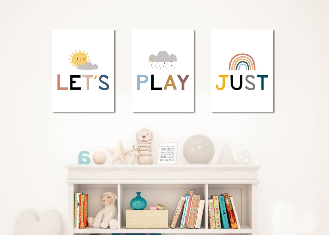 Playroom Sign - Kids Wall Art Decor, Framed Playroom Wall Decor, Let's Just Play Poster for Children's Room & Classroom - Easy to Hang Nursery Decor for Play Areas, Bedrooms & Learning Spaces