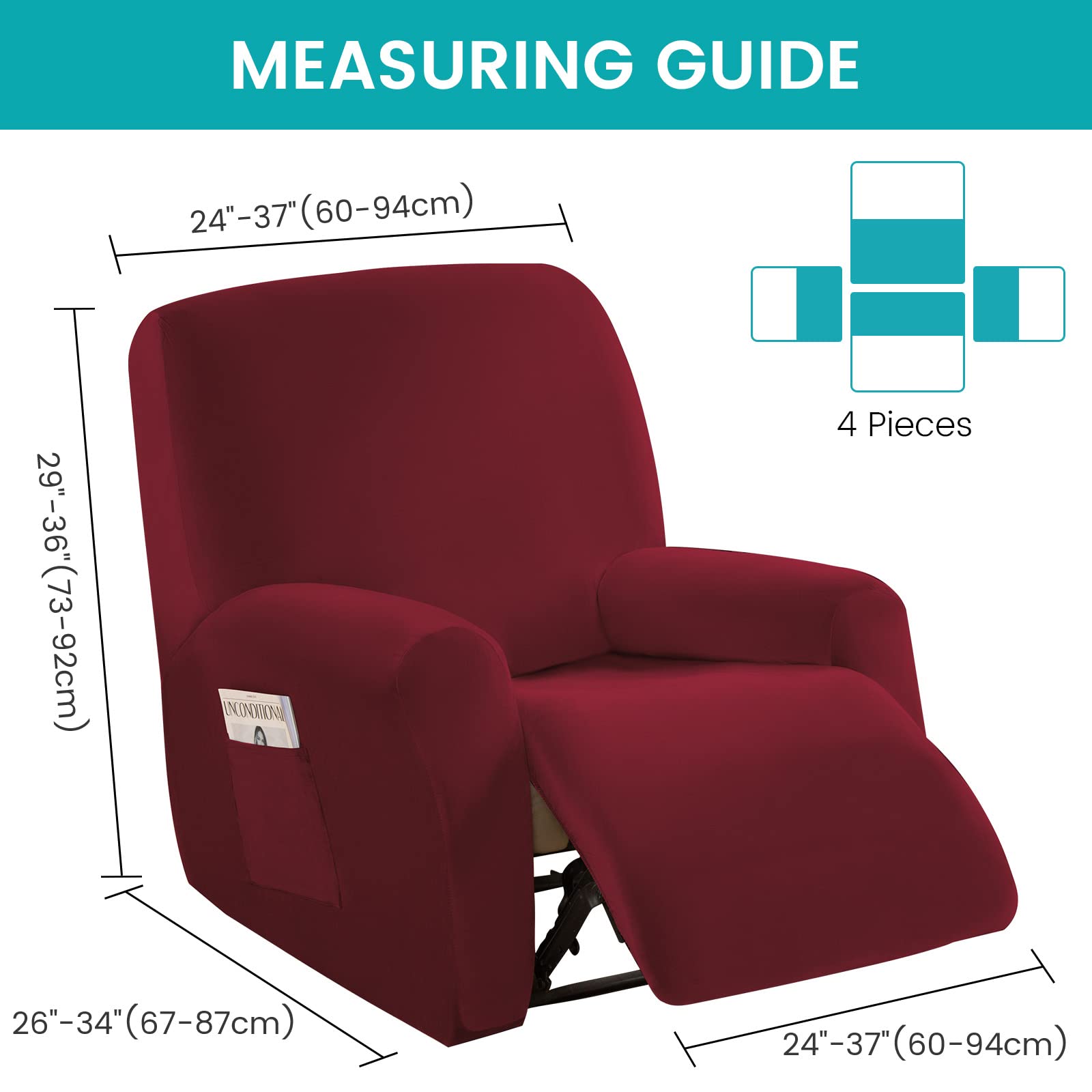 MIFXIN 4-Piece Velvet Stretch Recliner Cover - Soft Thick Elastic Slipcover for 1-Seat Reclining Sofa & Chair, Washable Anti-Slip Furniture Protector for Living Room, Home Theater (Red) - Perfect for Homes with Kids & Pets