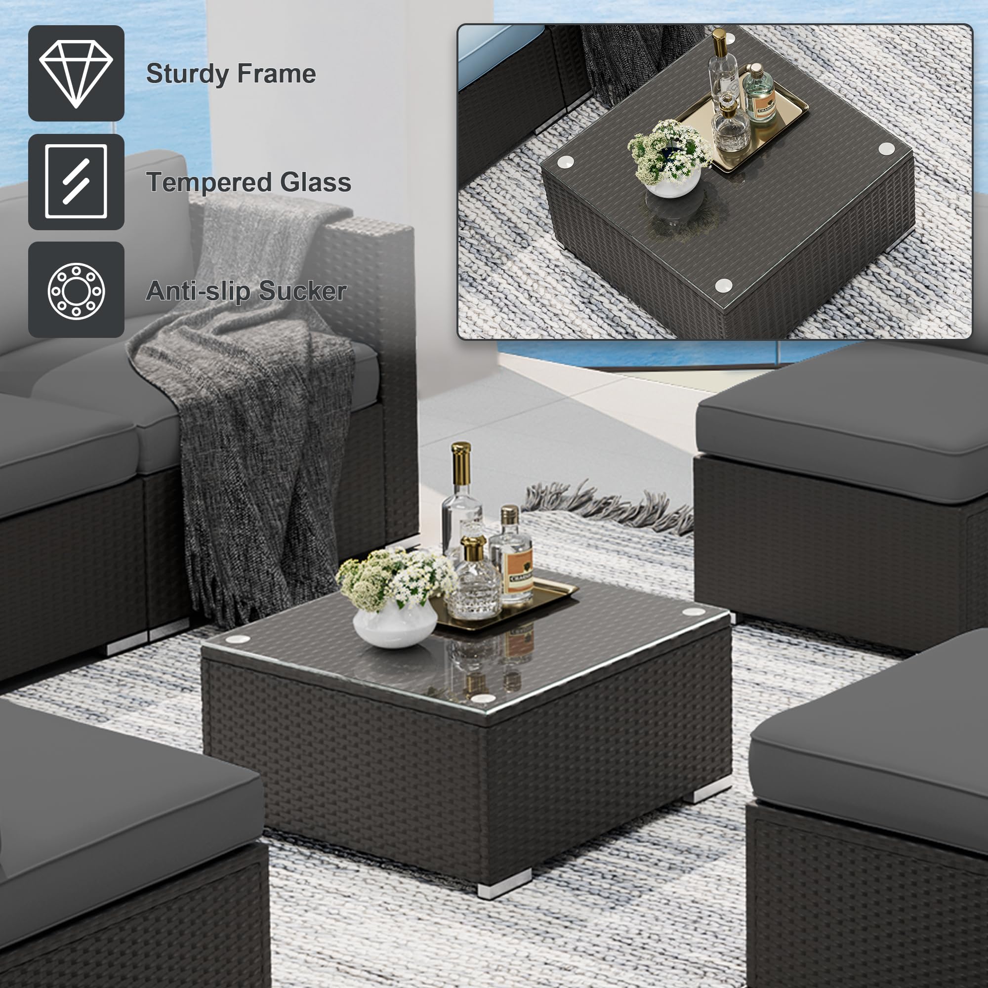 SOLAURA 7-Piece Outdoor Patio Furniture Set - Black Brown Rattan Sectional Sofa with Coffee Table & Gray Cushions - Weather-Resistant Modular Conversation Set for Garden, Poolside, and Backyard Relaxation