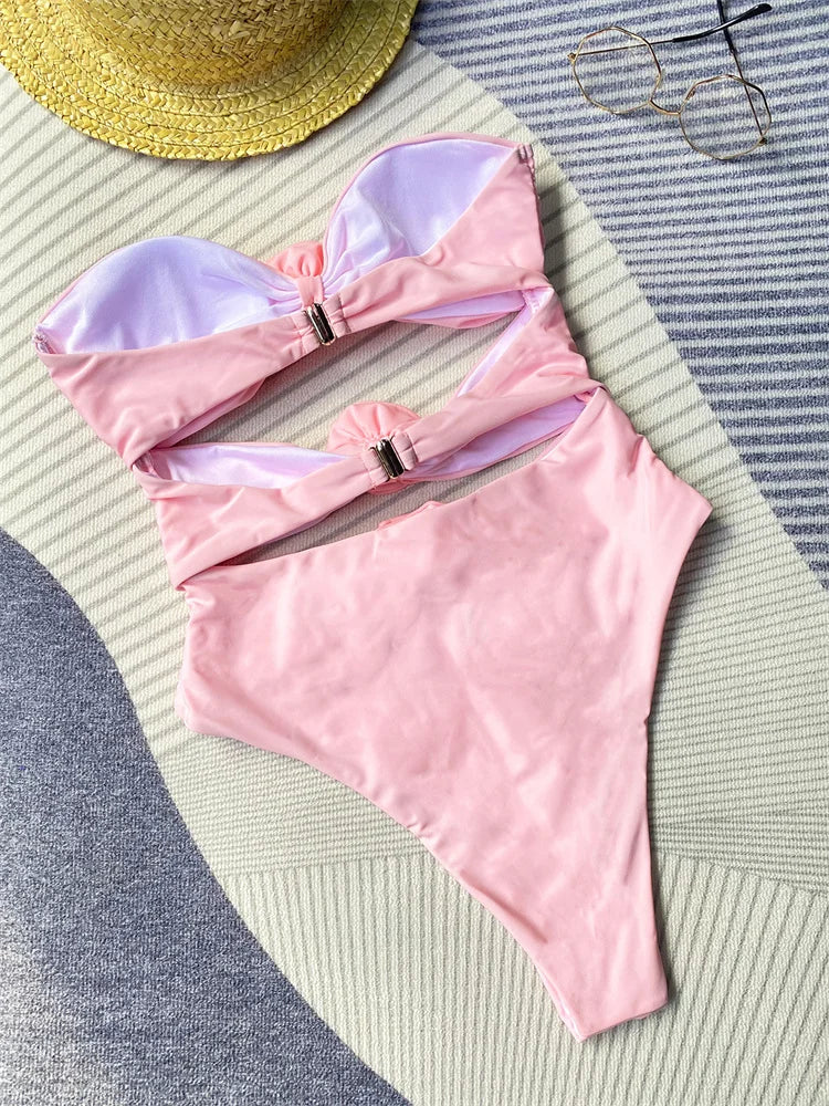 Sexy 3D Flower Bandeau One Piece Swimsuit for Women - High Waist Monokini with Cut Out Design | 2024 Trendy Swimwear for Beach, Pool & Vacation