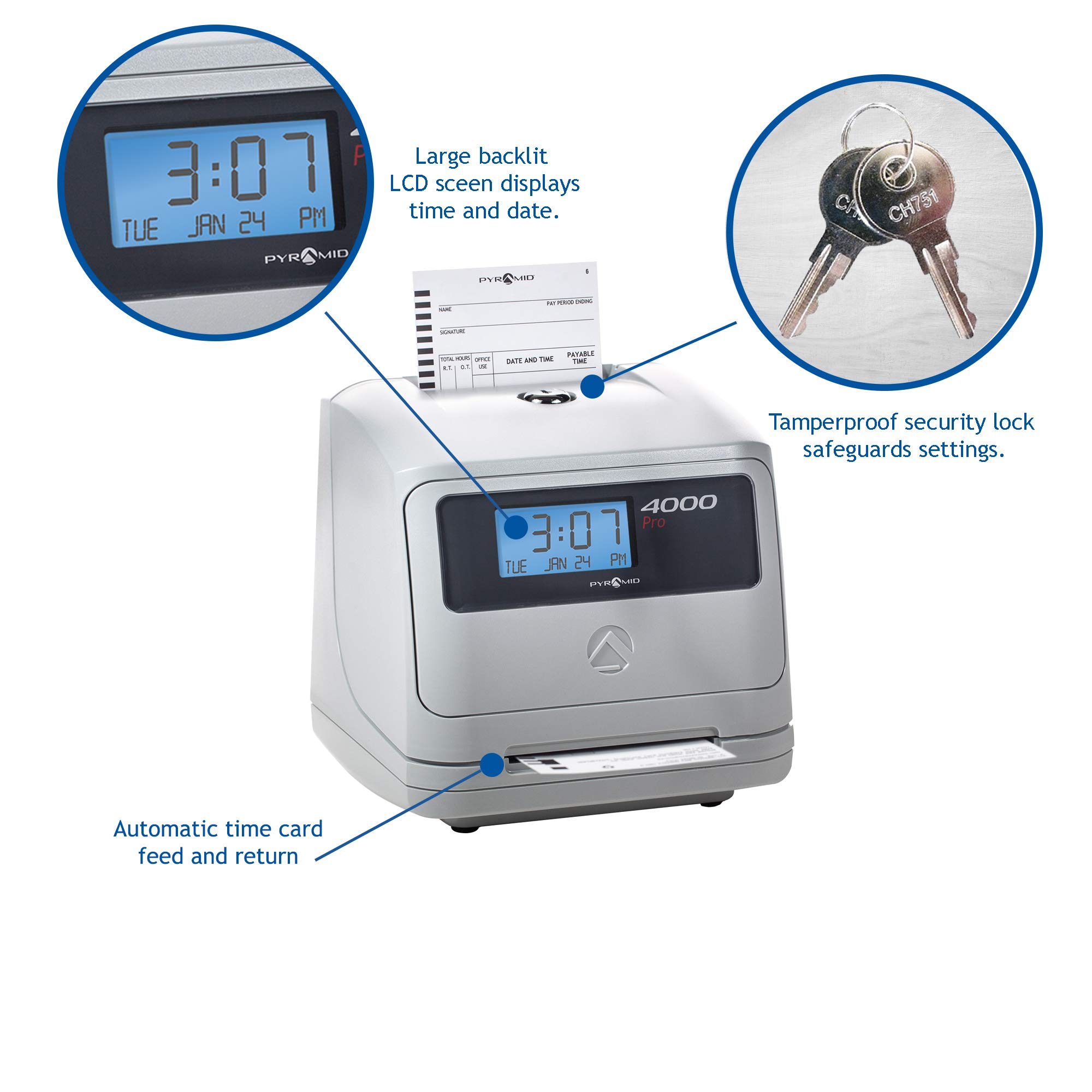 Pyramid Time Systems Model 4000 Auto Totaling Time Clock - Electronic Punch Clock for Small Business with 25 Time Cards, Ribbon & 2 Security Keys - Silver (7.25