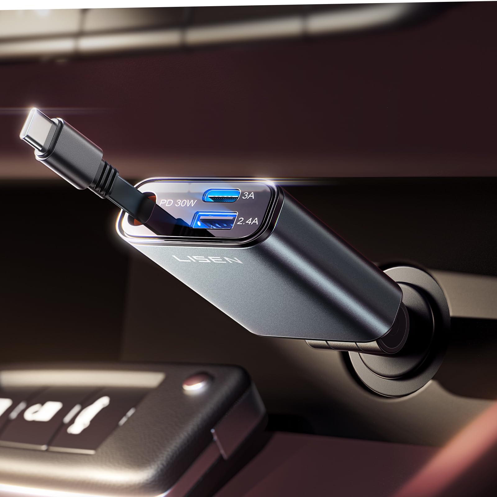LISEN 57W Ultra Mini Retractable Car Charger with USB C Fast Charging - Compact Design Saves 75% Space - Compatible with iPhone 16/15 Pro Max/Plus, Samsung Galaxy S25/S24 Ultra/Plus & Android Devices - Perfect for Road Trips, Commuting & Travel Charging
