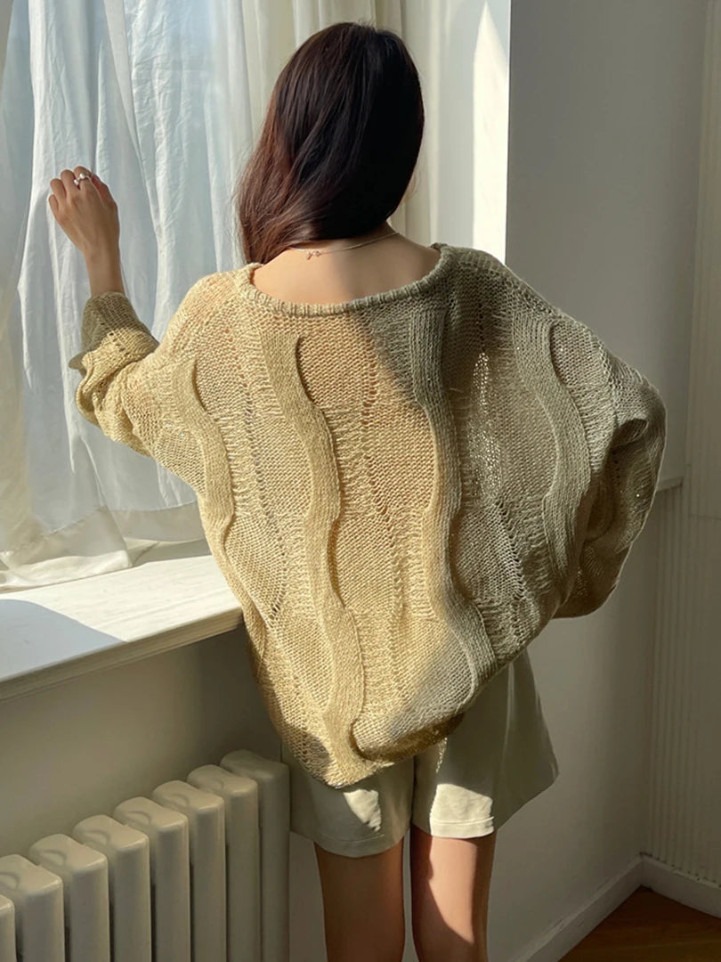 Beige Oversized Hollow Knit Sweater for Women - Round Neck Long Sleeve Pullover | 2025 Spring Autumn Fashion Trend (Style 1DH9646) - Perfect for Casual Outings, Office Wear & Cozy Fall Layering