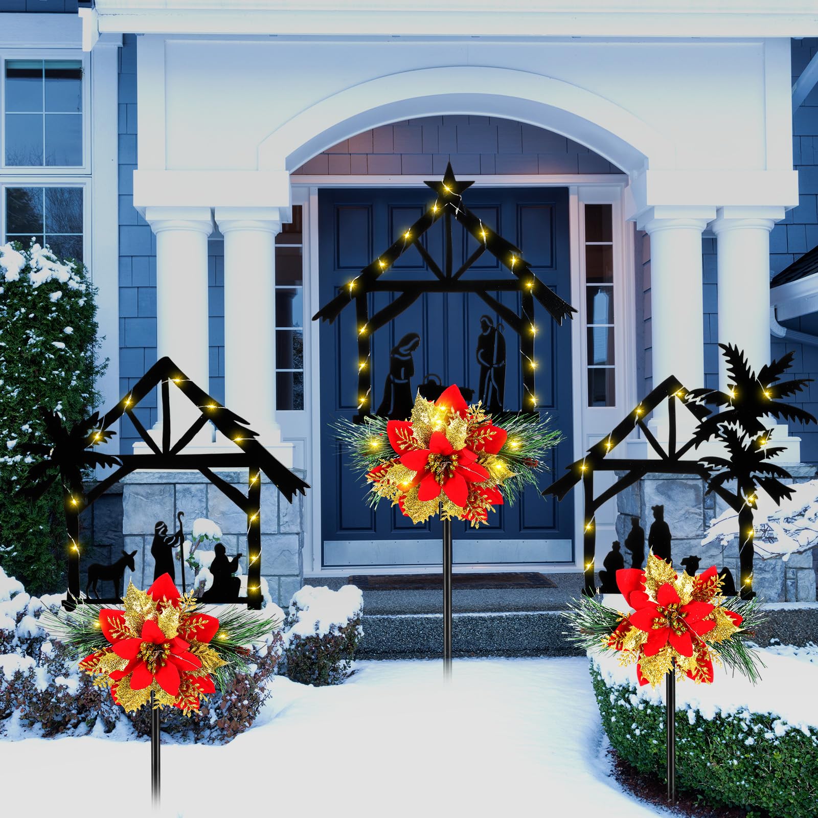 3 Pack Solar Powered LED Nativity Scene Stake Lights with Poinsettia - Outdoor Christmas Decor for Yard, Garden, Lawn - Perfect for Holiday Parties, Pathway Lighting, and Festive Home Decor