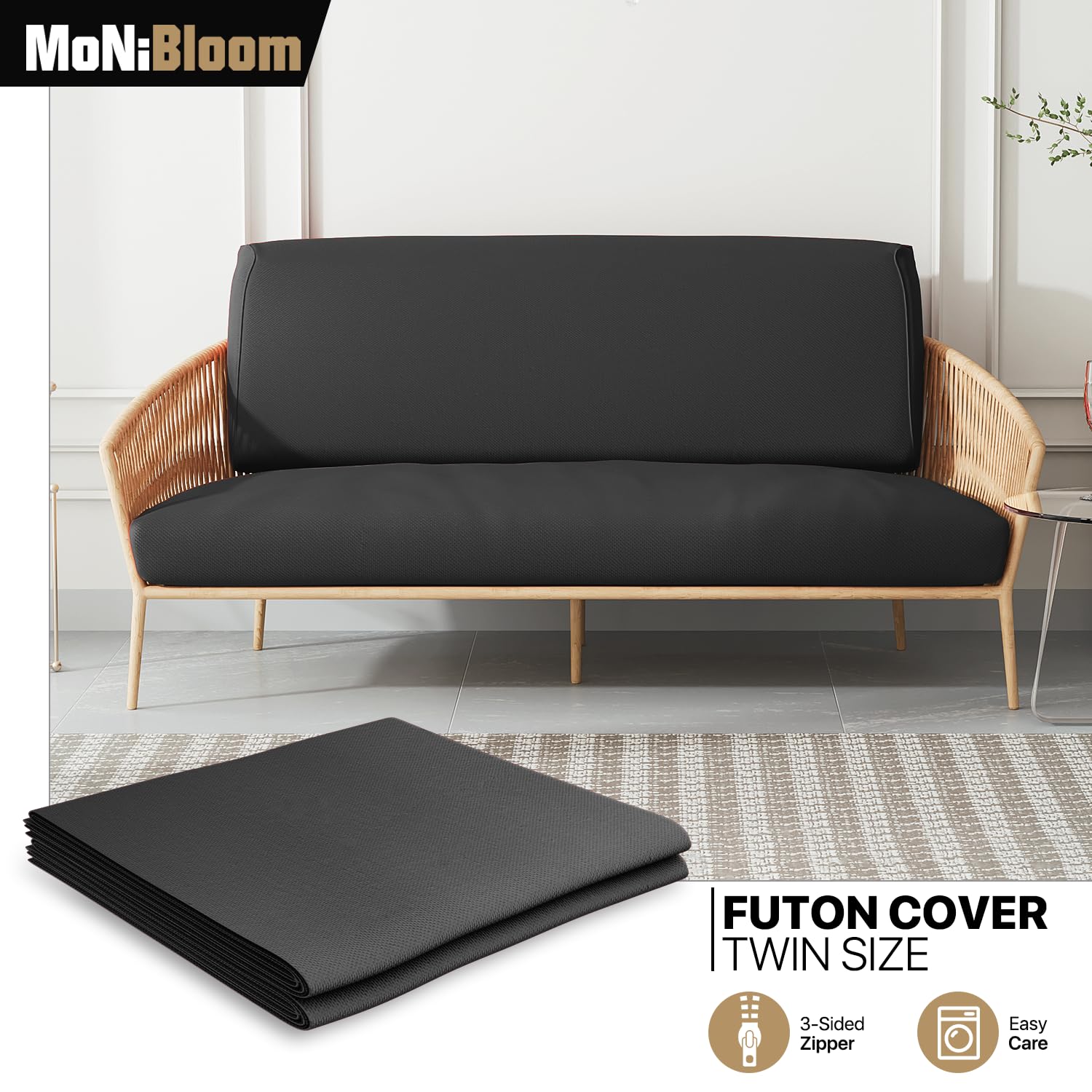 MoNiBloom Twin Futon Cover - Stretch Armless Sofa Slipcover with Zipper, Washable Furniture Protector for Jackknife RV, Couch, Kids & Pets (Black) - Perfect for Living Room, Dorm, RV & Home Decor