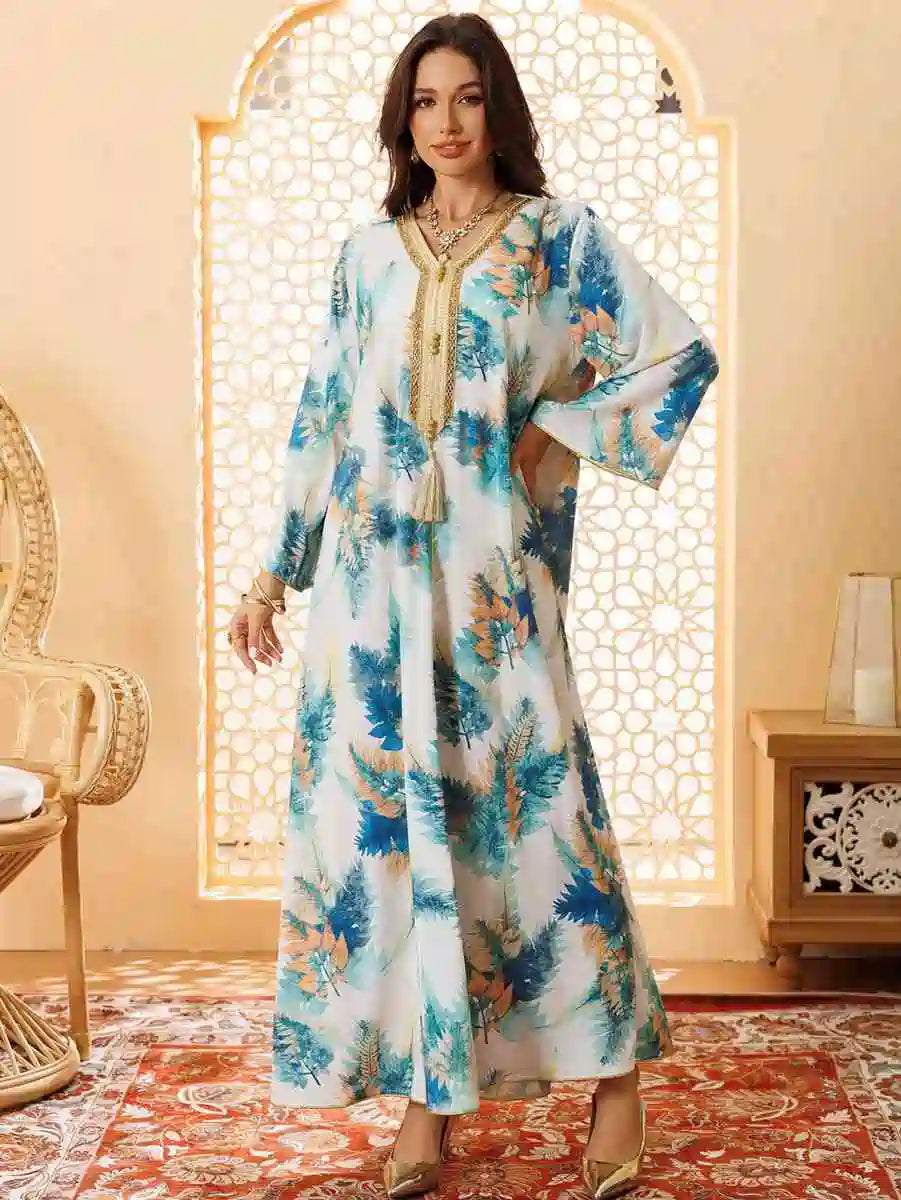 Elegant Hotfix Rhinestone Printed Eid Caftan Dress for Women - Perfect for Eid Celebrations, Weddings & Special Occasions