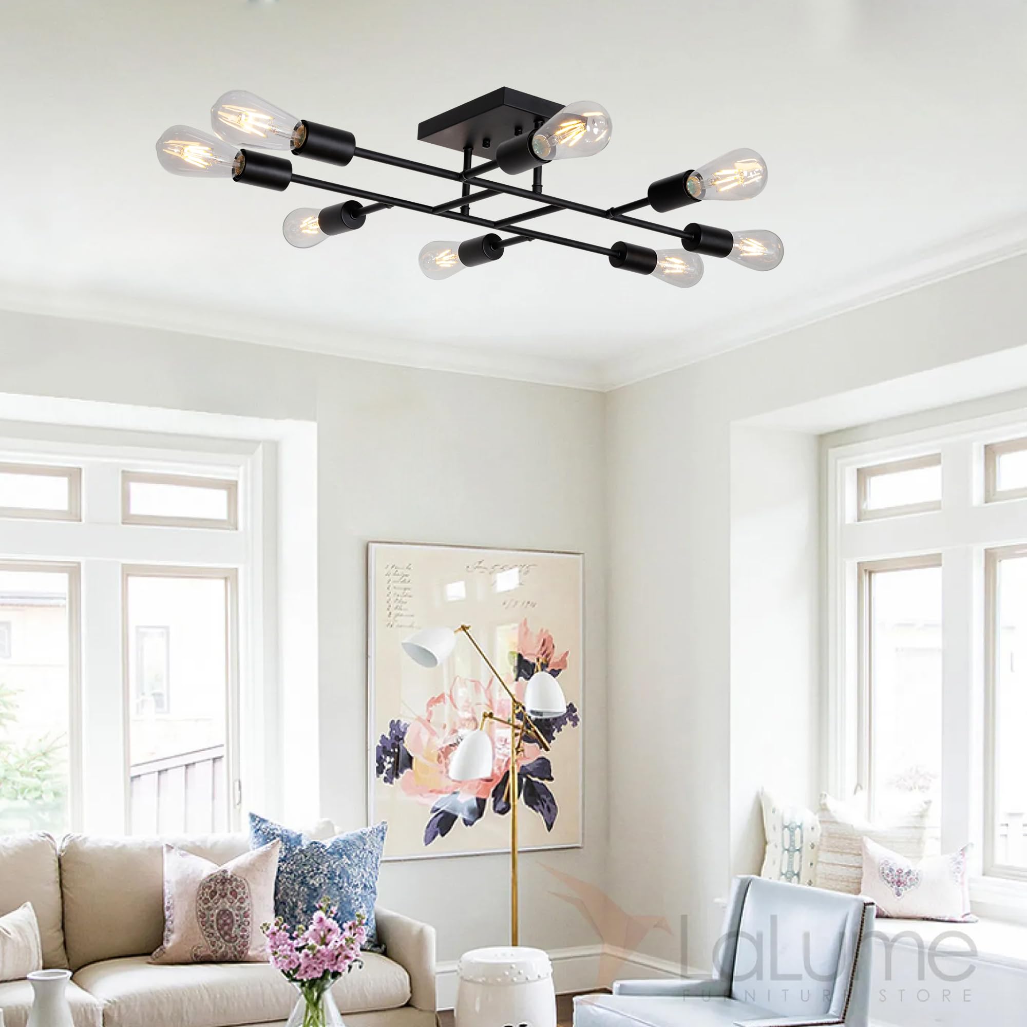 Modern Black Sputnik Chandelier - 8-Light Semi Flush Mount Ceiling Fixture for Kitchen, Bedroom, Dining & Living Room | Mid-Century Lighting for Home Decor & Interior Design
