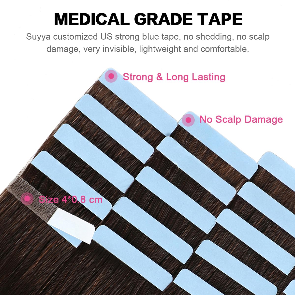 SUYYA 26 Inch Tape in Hair Extensions - 100% Human Hair, Darkest Brown (#2), 60g/pack, 20pcs Straight Seamless Skin Weft - Natural Looking Hair Extensions for Volume & Length - Perfect for Weddings, Parties & Daily Styling