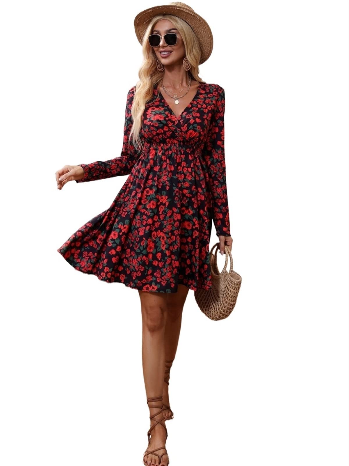 VIYAN Women's Floral Summer Dress - Short Sleeve Elastic Waist Casual Sundress for Beach, Vacation & Outdoor Activities