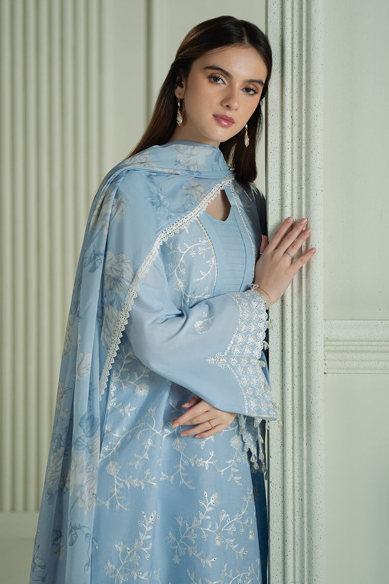LAVENDER BLUE 3-Piece Embroidered Lawn Suit Set for Women | Floral Summer Outfit | Perfect for Weddings, Parties & Casual Wear