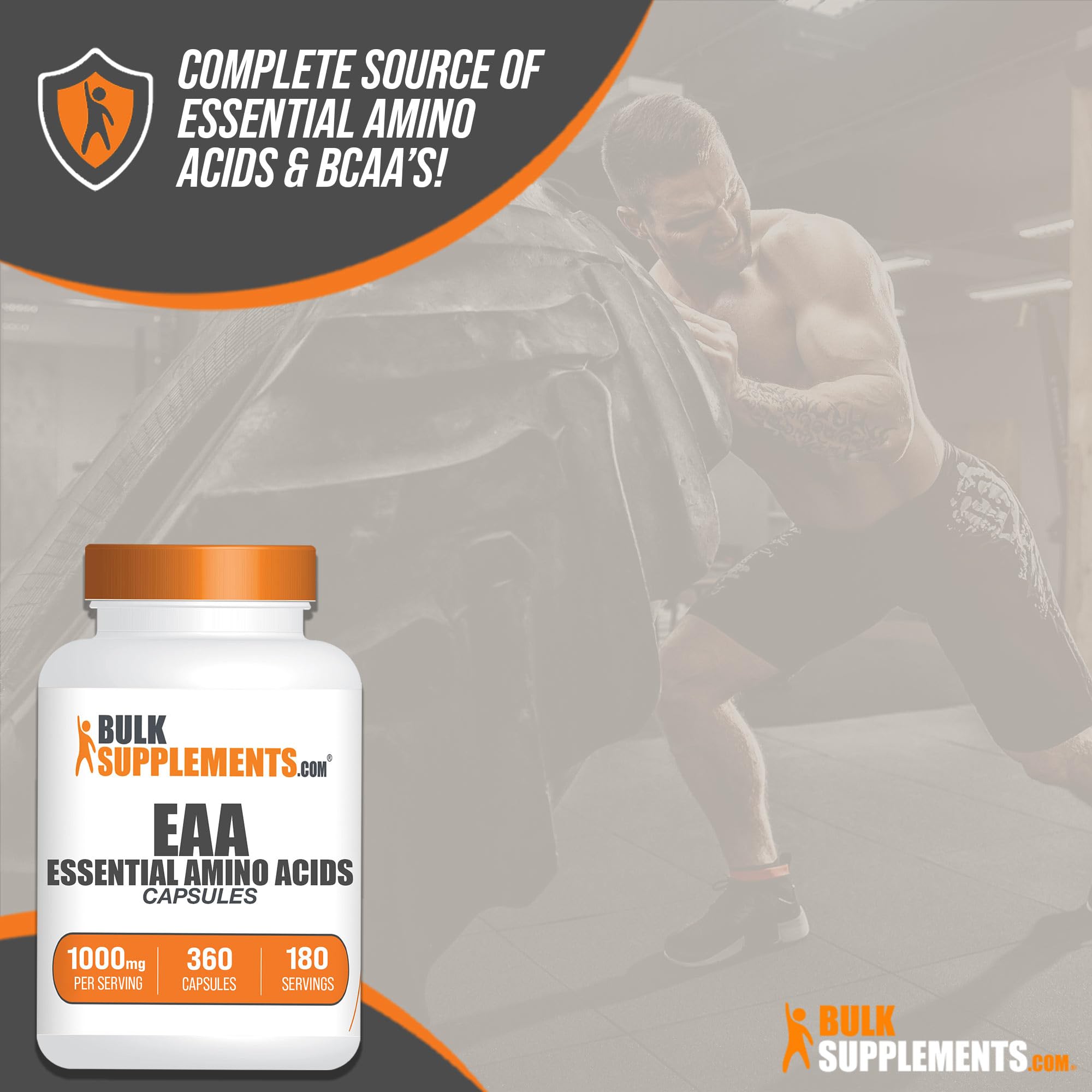 BulkSupplements.com Essential Amino Acids (EAA) Capsules - 360 Count, 180-Day Supply, 2 Capsules per Serving - Vegan & Gluten-Free Amino Acid Supplement for Muscle Recovery, Workout & Fitness - Supports Energy, Endurance & Post-Workout Recovery